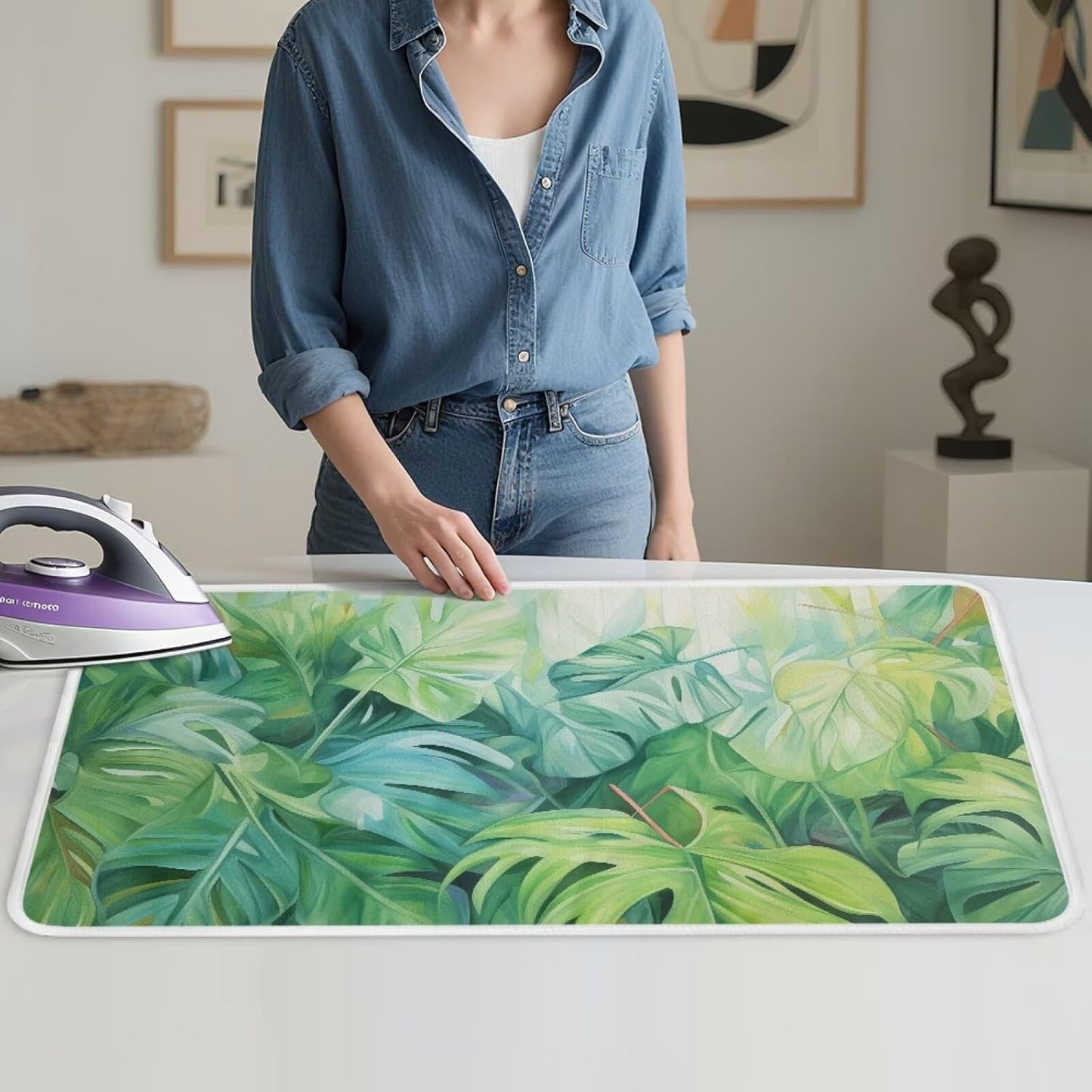 Green Ironing Mat Portable Ironing Pad Monstera Leaf 32 x 16 Inch Large Ironing Mat for Table Top of Washer, Dryer, Table Top, Countertop, Heat Resistant Iron Board Pads