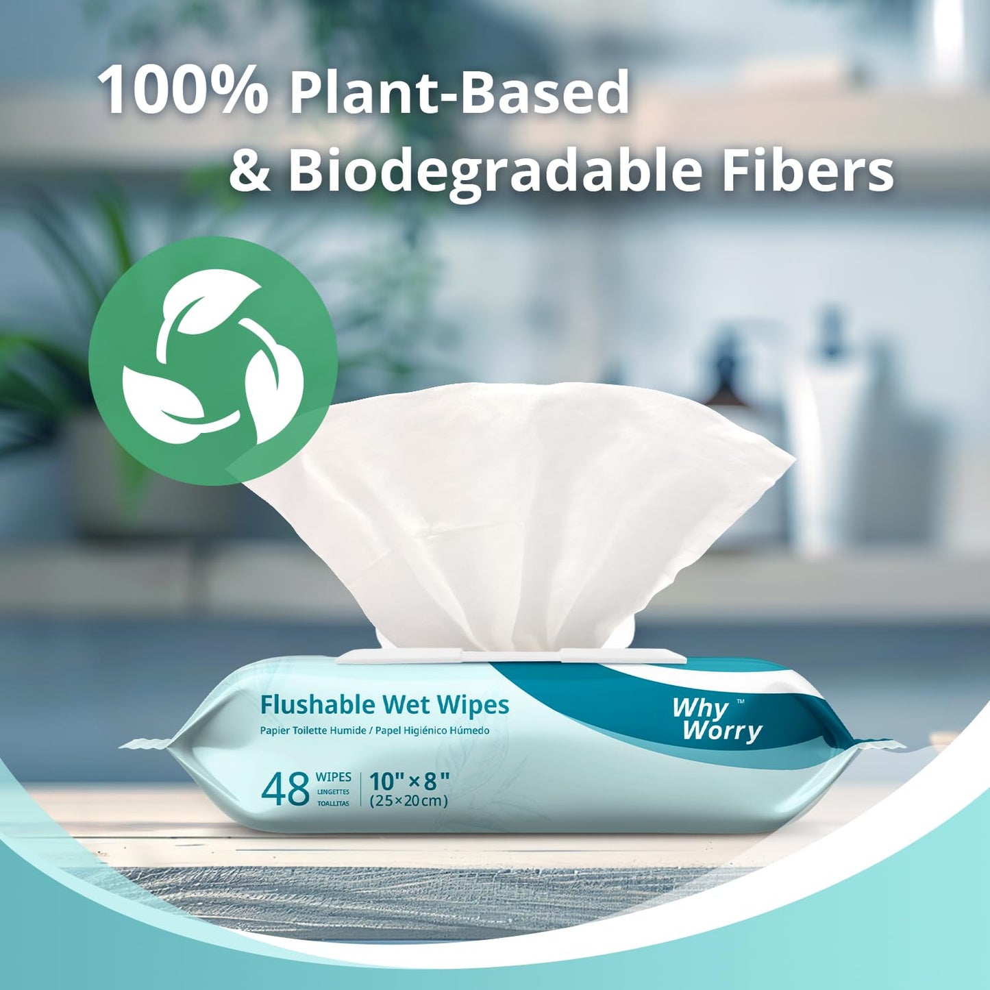 WhyWorry Flushable Wipes for Adults, Extra Large 8"x10" Butt Wipes for Personal Hygiene & Cleansing, Chamomile and Vitamin E, 100% Plant-Based, Septic & Sewer Safe, Unscented, 384 Count (8 Packs)