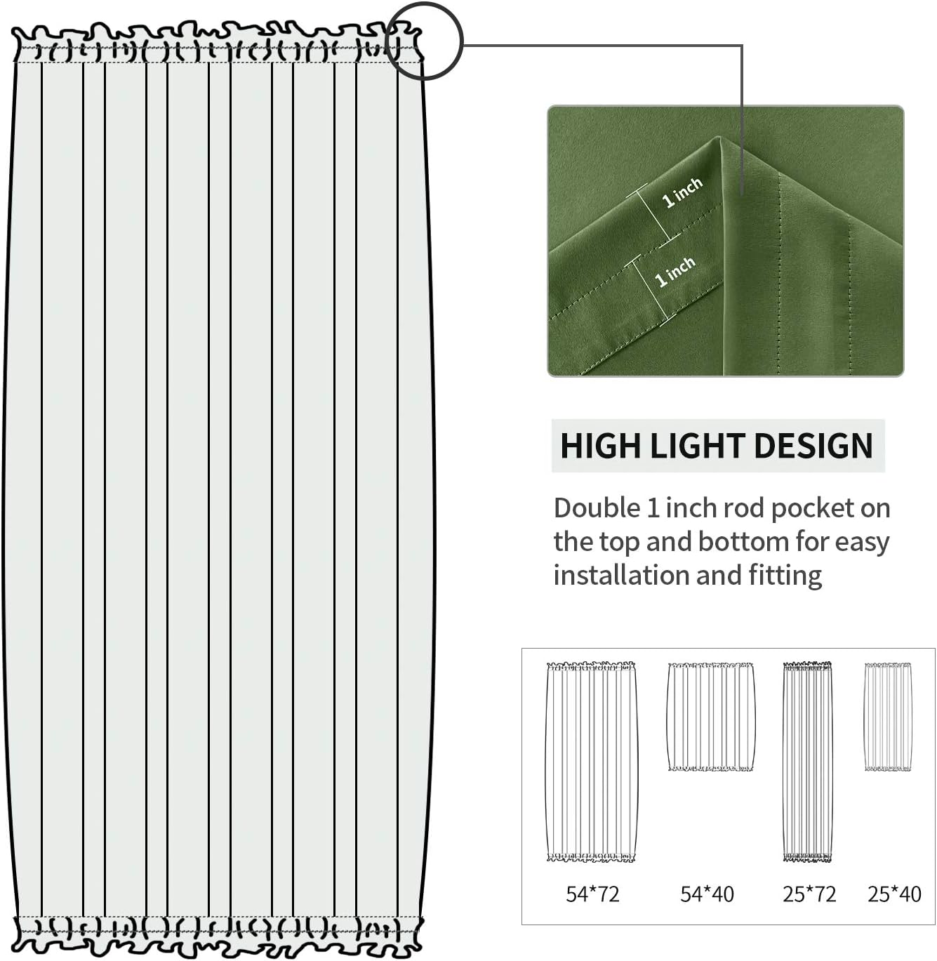 DWCN French Door Curtains – Rod Pocket Thermal Blackout Curtain for Window/Patio Doors/Doorways/Classroom/Kitchen for Privacy, 23W by 72L Inches, 1 Panel with Tieback, Olive Green