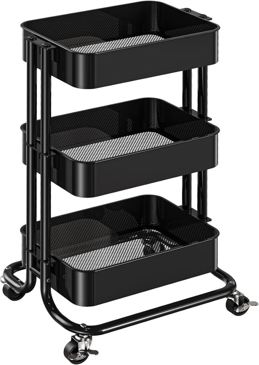 Pipishell 3 Tier Metal Rolling Utility Cart, Heavy-Duty Storage Rolling Cart with 2 Lockable Wheels, Multifunctional Mesh Organization Utility Cart for Kitchen Dining Room Living Room (Black)