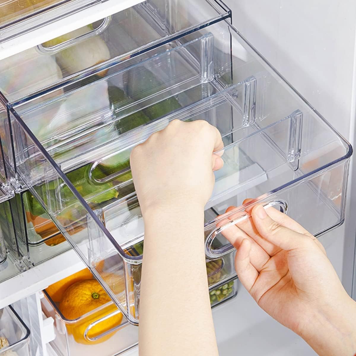 MineSign 2Pack Stackable Fridge Drawers Pull-Out Bins Divided Produce Saver Containers for Refrigerator Storage Organizers for Veggie Fruit Berry Pantry Cabinet Makeup Clothes