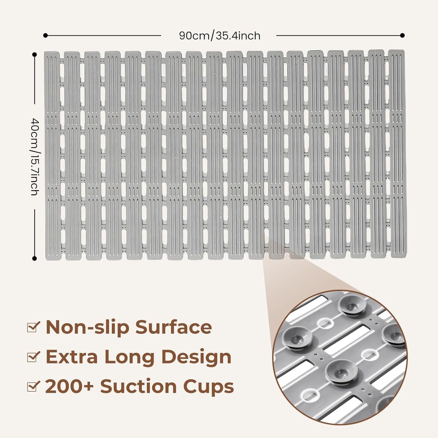 Bathtub Mat Non Slip for Bathroom with Suction Cups and Drain Holes 35.4 * 15.7 Inch Shower Mat for Inside Shower, Quick Dry Bath Mat for Baby Kids Seniors, Easy to Cut, Easy Dry