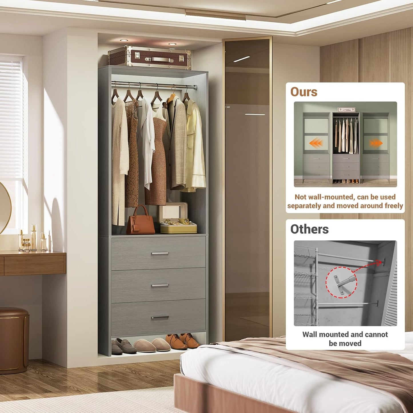 Aheaplus 2FT Closet System with 3 Drawers, 24’’ Closet Organizer, Wood Closet Organizer System, Walk-in Closet or Small Closets Wardrobe, Clothes Rack with Hanging Rods,-E6, Grey