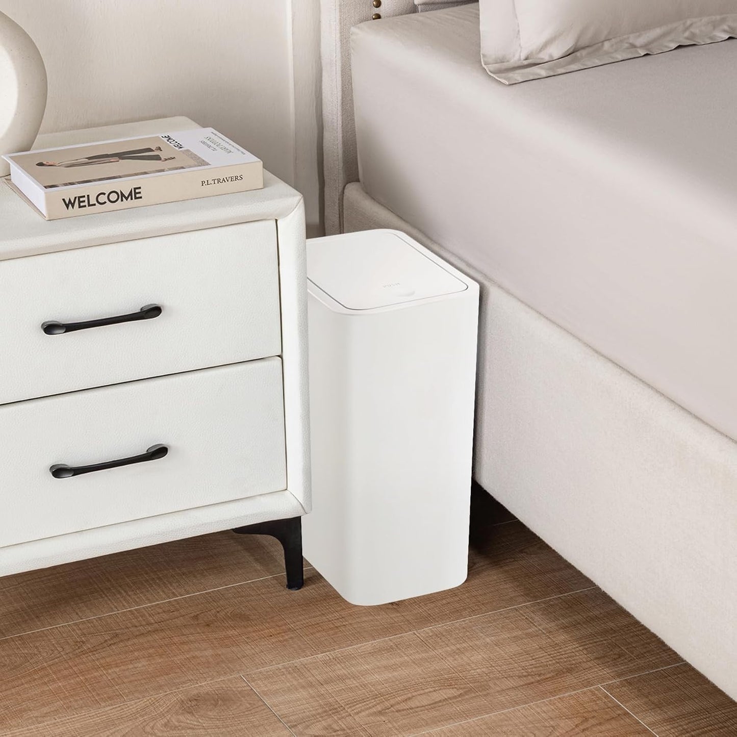 TIPGO Bathroom Trash Can with Lid, 4 Gallon / 15 Liter Small Garbage Can, Press Top Bin, Plastic Wastebasket with Pop-Up Lid for Bedroom, Living Room, Office (White, 2 Pack)