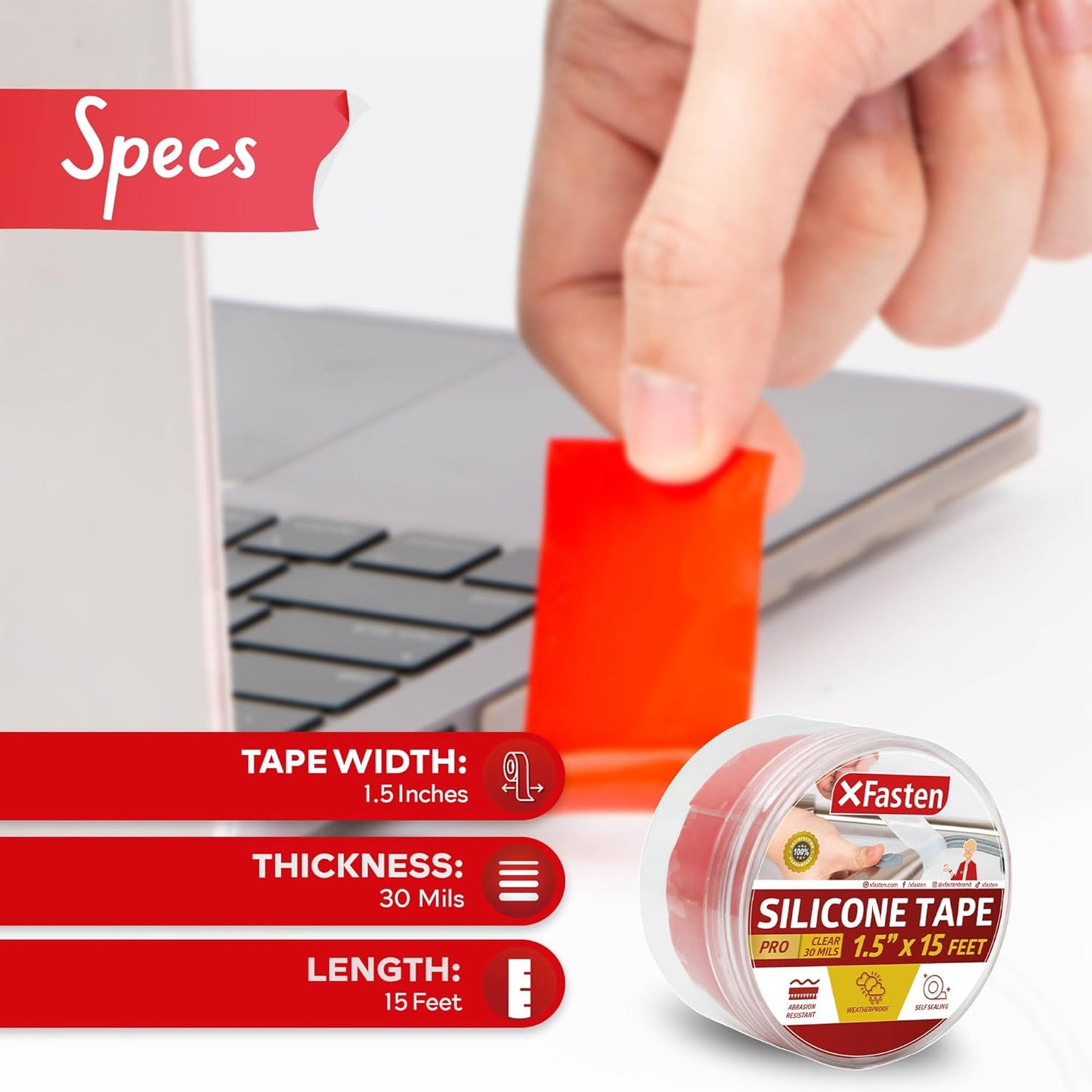 XFasten Self-fusing Silicone Tape Pro, Red, 1.5-Inch x 15-Feet, 30mils Extreme Stretch and Seal Plumbing Tape for Leaky Pipes, Tool Grip, Electrical Wires, PVC Pipe Leak Repair, Non-Reactive