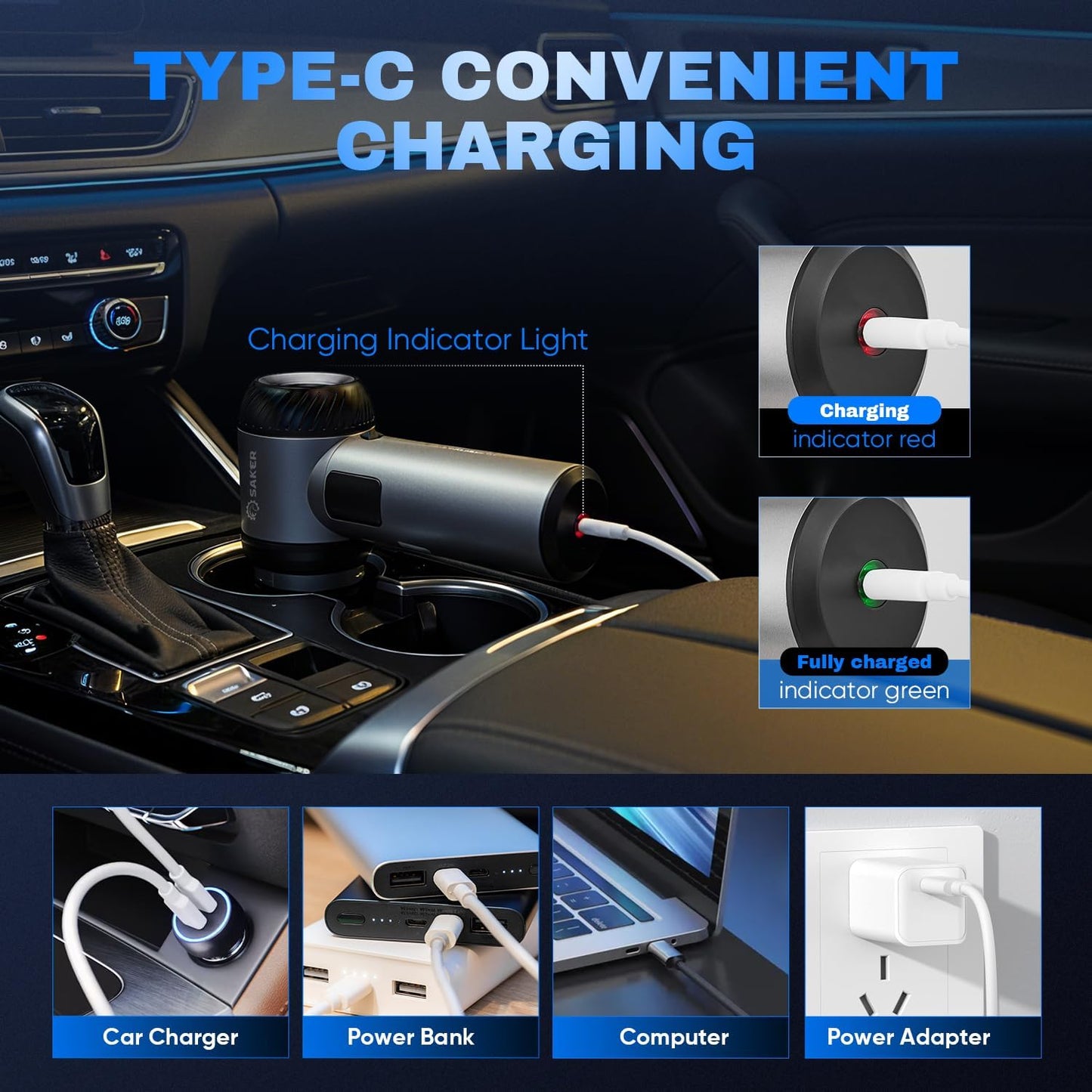 Saker Car Vacuum Portable Cordless 20000Pa Suction Power 4 in 1 Handheld Vacuum&Air Duster with LED Light Type-C Charge Portable Mini Vacuums for Car, Home, Office, Pet HL157 Silver