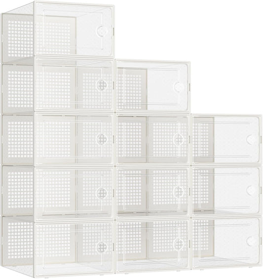 Kuject Large Shoe Organizers Storage Boxes for Closet, 12 Pack Clear Plastic Stackable Storage Bins with Lids, Under Bed Shoe Containers for Entryway, Fit up to Women's Size 10,Black,Off-white