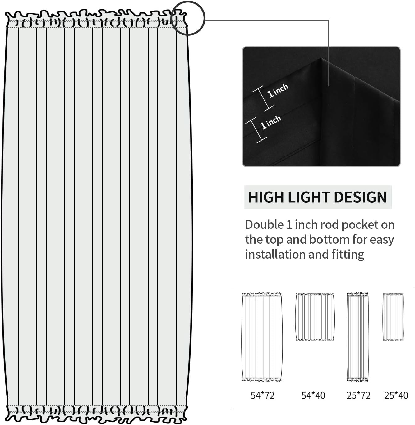 DWCN French Door Curtains – Rod Pocket Thermal Blackout Curtain for Doors with Glass Window, Kitchen and Patio Doors for Privacy, 25 X 40 Inch Length, 1 Curtain Panel with Tieback, Black