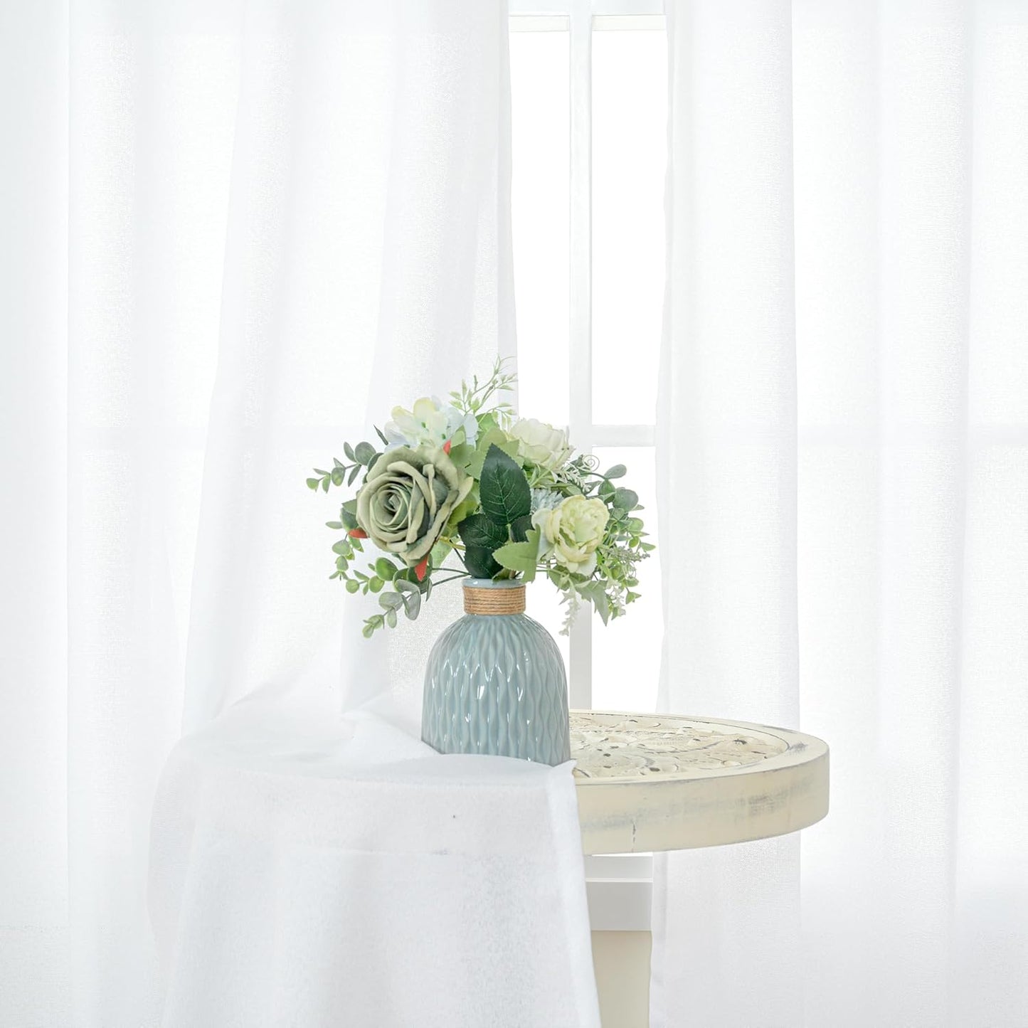 YoungsTex Short White Linen Curtains 45 Inch Length 2 Panels for Window, Semi Sheer Drapes Light Filtering with Rod Pocket Back Tab Lightweight for Cafe Kitchen Bathroom, 42 X 45 Inch