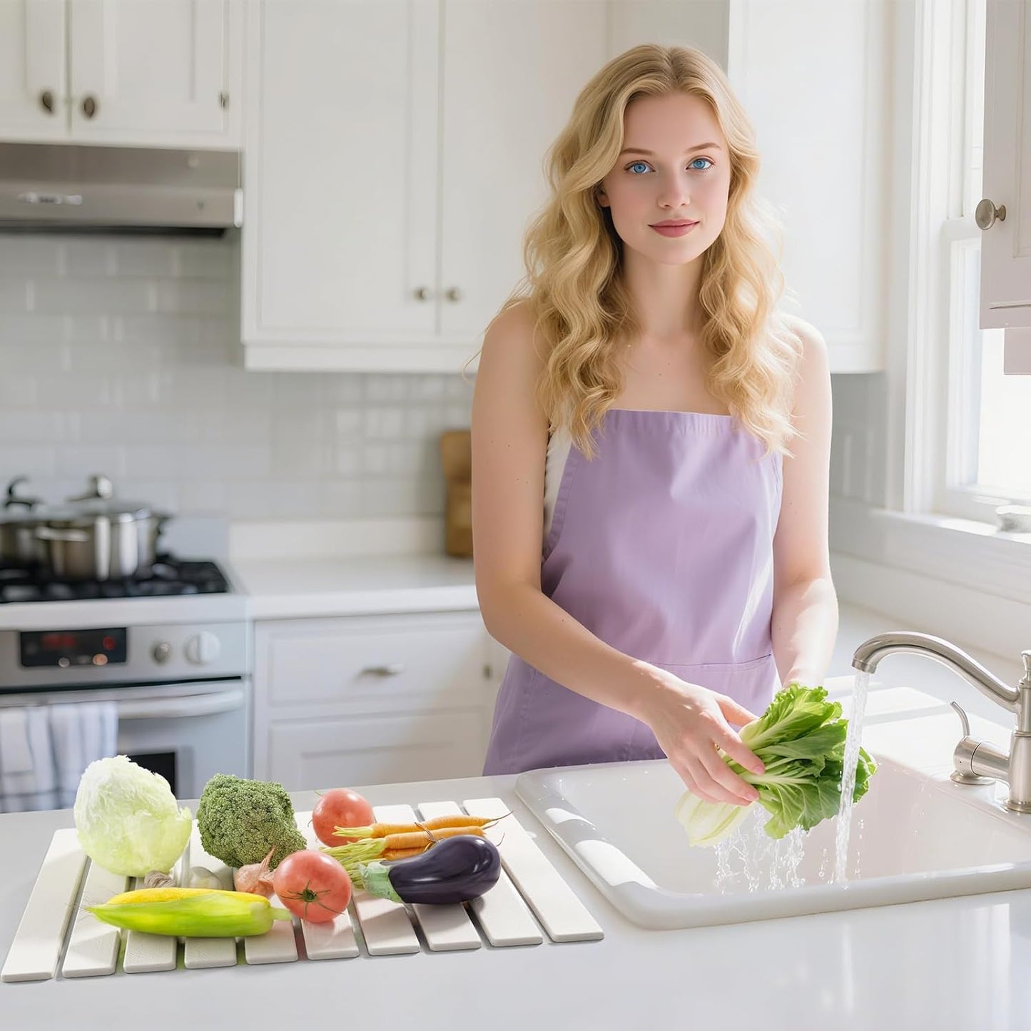 Large Stone Dish Drying Mats for Kitchen Counter,23.6''x15.3'' Foldable Quick Dry Stone Mat Kitchen,Eco-Friendly,Absorbent Diatomaceous Earth Mats for Dishes Bottles Cups Bathroom Any Countertop-White