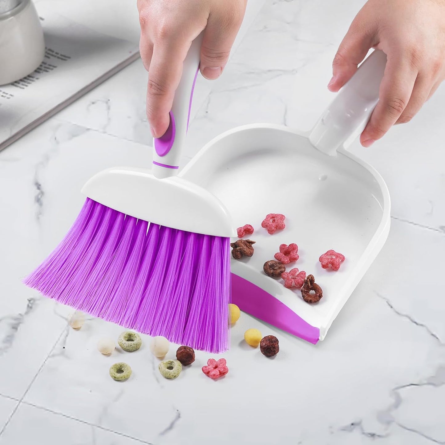 NACENA Small Dust Pan and Brush Set, Mini Broom and Dustpan Set Small Hand Broom and Brush Combo Dust Pan with Teeth for Home Cleaning Drawers Desktop Sofas Pet Care and Outdoor, Purple