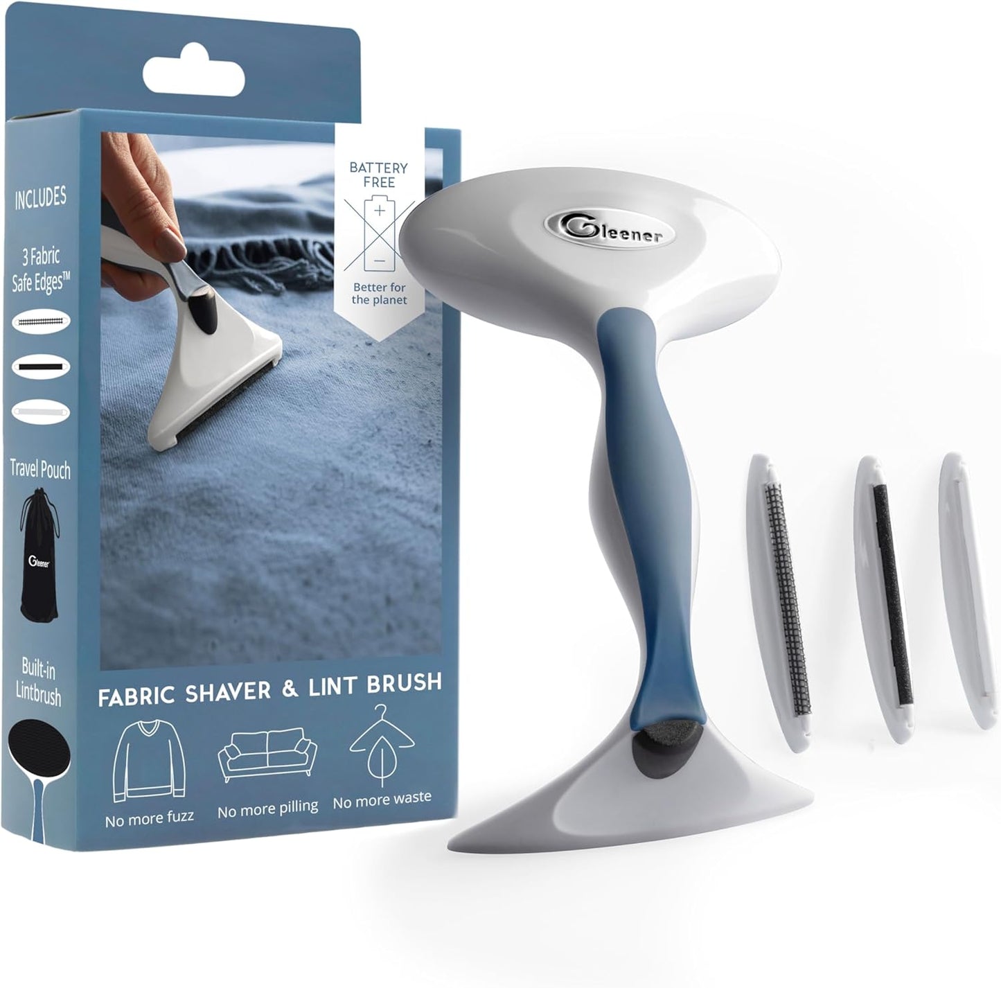 GLEENER Battery-Free Fabric Shaver & Lint Brush | Ultimate Fuzz Remover Sweater Comb | Lint Remover and Depiller for Clothing & Furniture (Slate Blue in Carton Box)