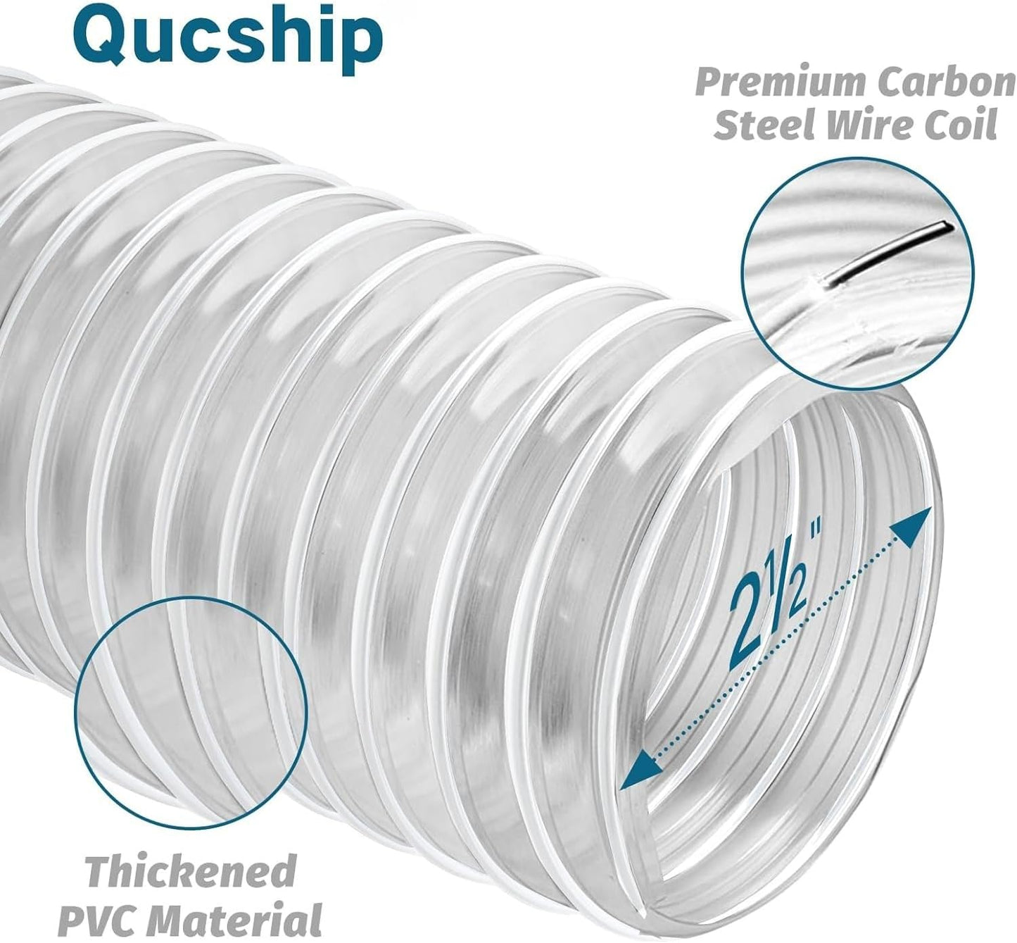 Qucship 2-1/2" x 10' Heavy-Duty PVC Dust Collection Hose, Puncture-Resistant, Flexible Clear PVC Fume Hose with Carbon Steel Wire Coil for Dust Collection Systems