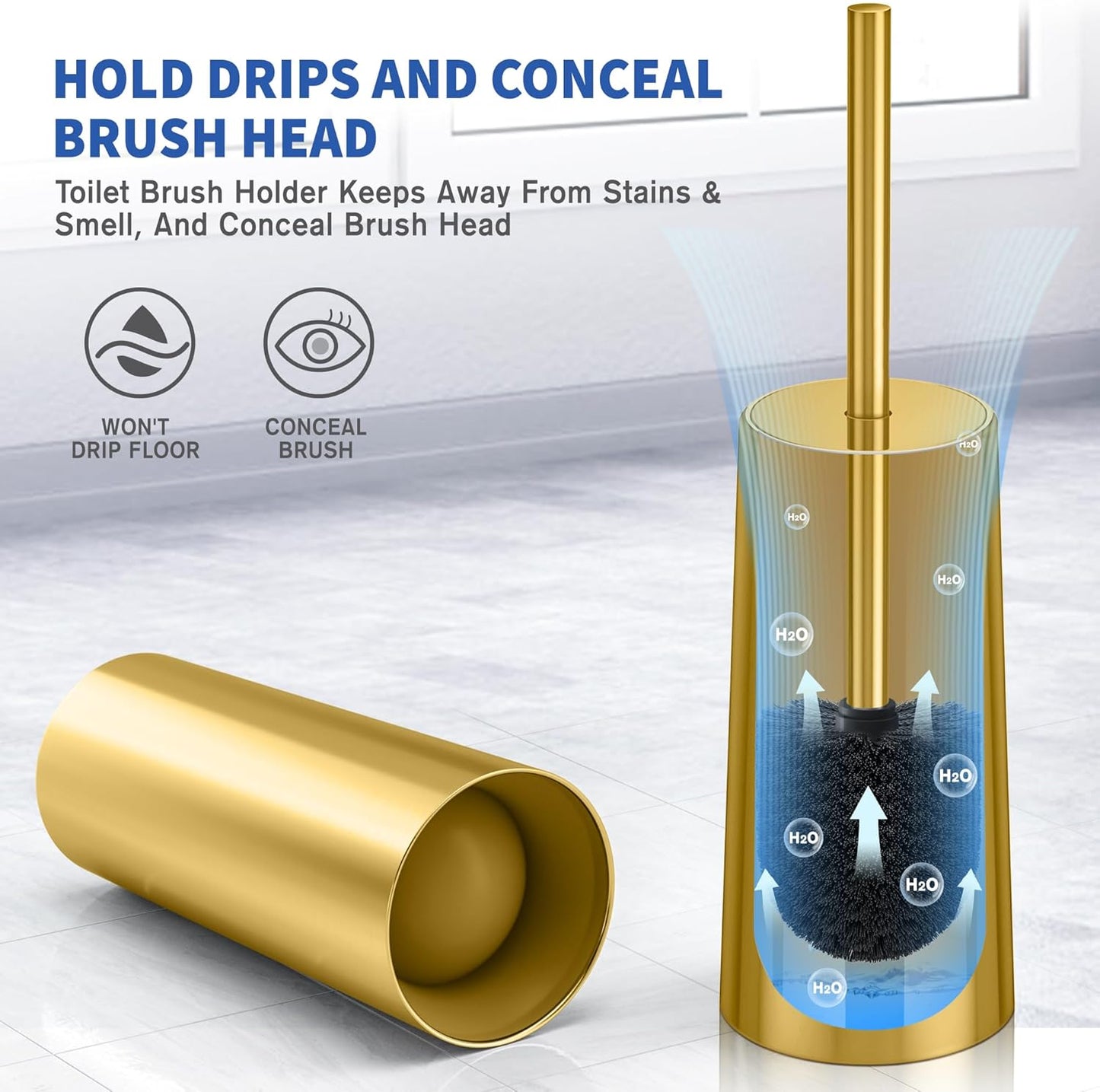 Toilet Brush and Holder, Toilet Brush Stainless Steel, Toilet Bowl Brush for Bathroom Toilet-Ergonomic, Elegant,Durable (Gold)