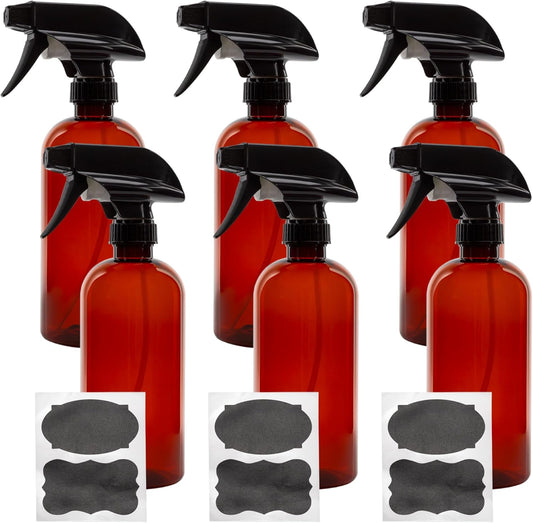 Cornucopia Brands 16oz Amber PLASTIC Spray Bottles w/Heavy Duty Mist & Stream Sprayers & Chalkboard Labels (6-pack); PET #1 Plastic Bottles, BPA-Free