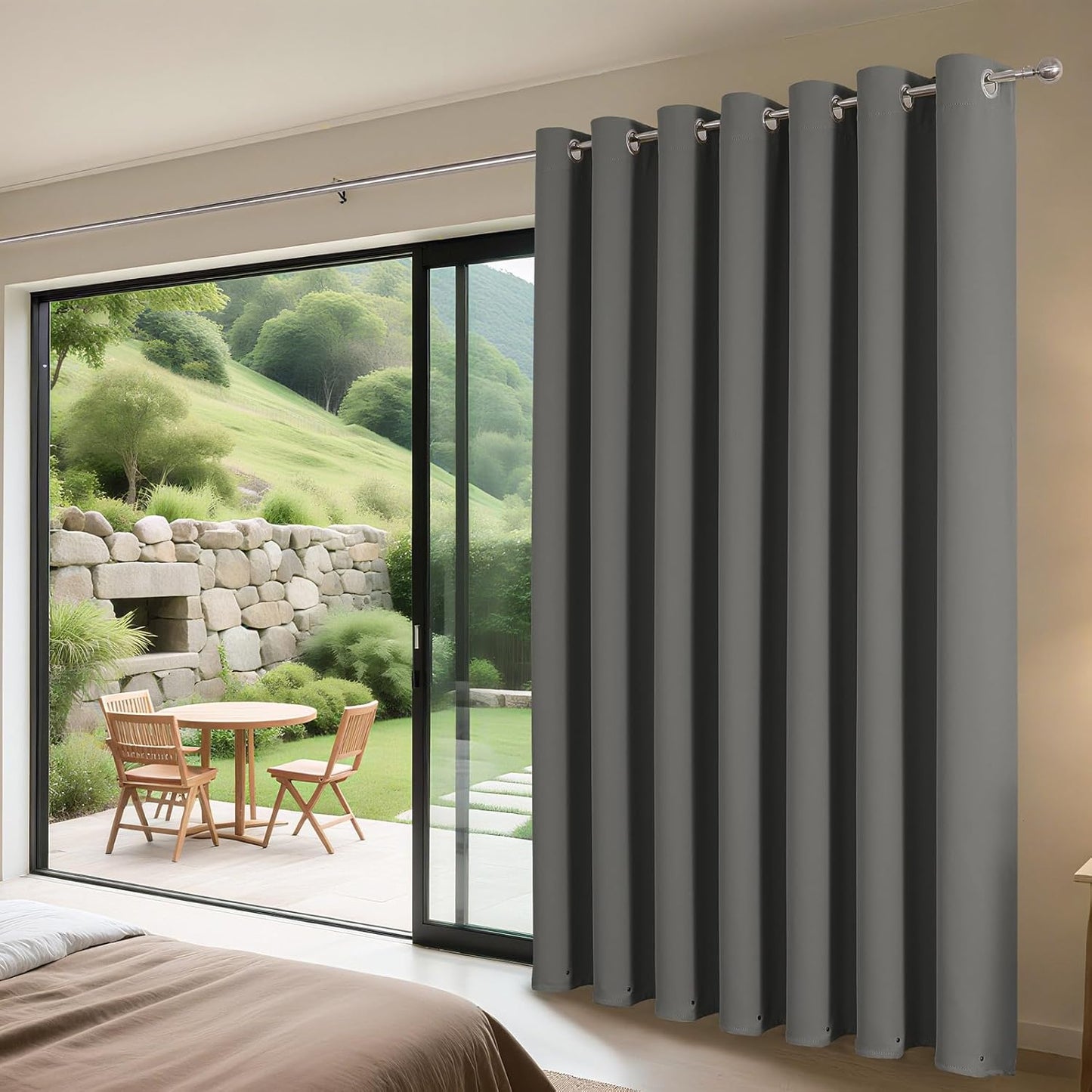 Joydeco Blackout Patio Sliding Door Curtains 84 Inches Long, Grommet Privacy Room Divider Curtains, Extra Wide Thermal Blackout Drapes for Bedroom Living Room (Light Grey, 100Wx84L, 1 Panel)