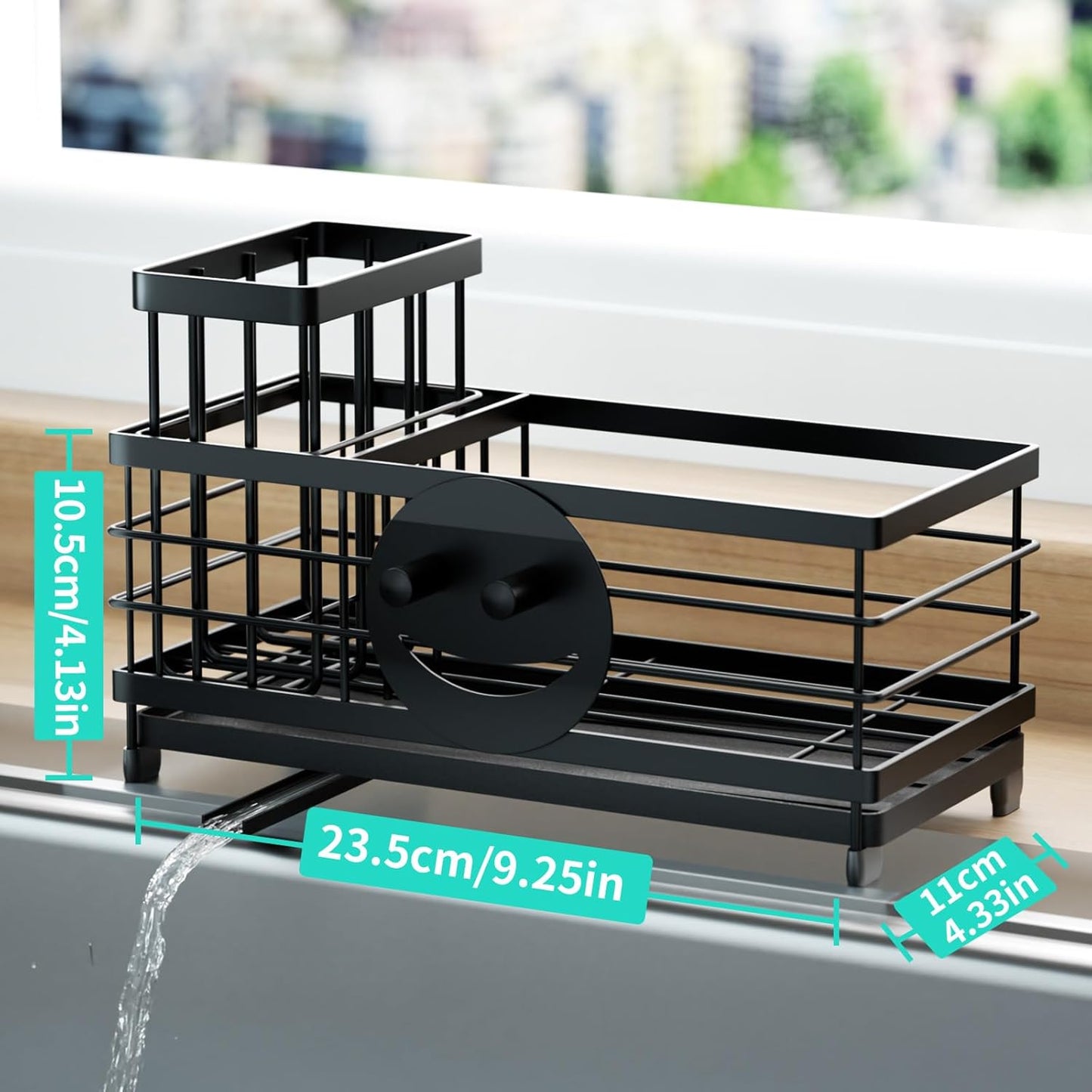 HapiRm Sponge Holder for Kitchen Sink - Self-draining Sink Caddy with Smiley Face and Brush Holder, Stainless Steel Kitchen Organizer for Countertop - Black