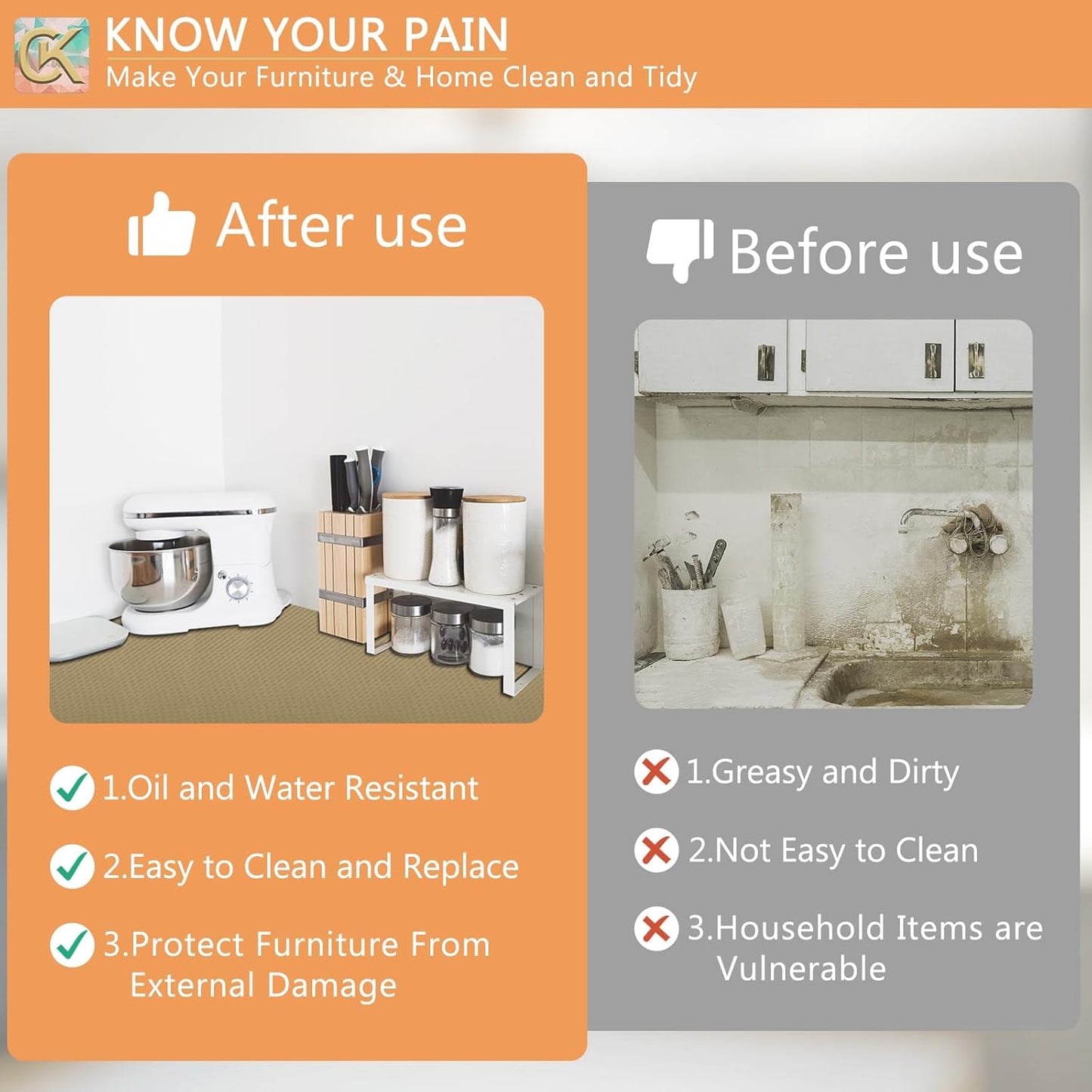 Self-Adhesive Shelf Liner Kitchen Liner, Waterproof Backed Paper Easy Peel and Stick Contact Liner Without Residue for Decor Your Desk Surface, Kitchen Countertops (Dark Khaki, 11.8 x 59 inches)