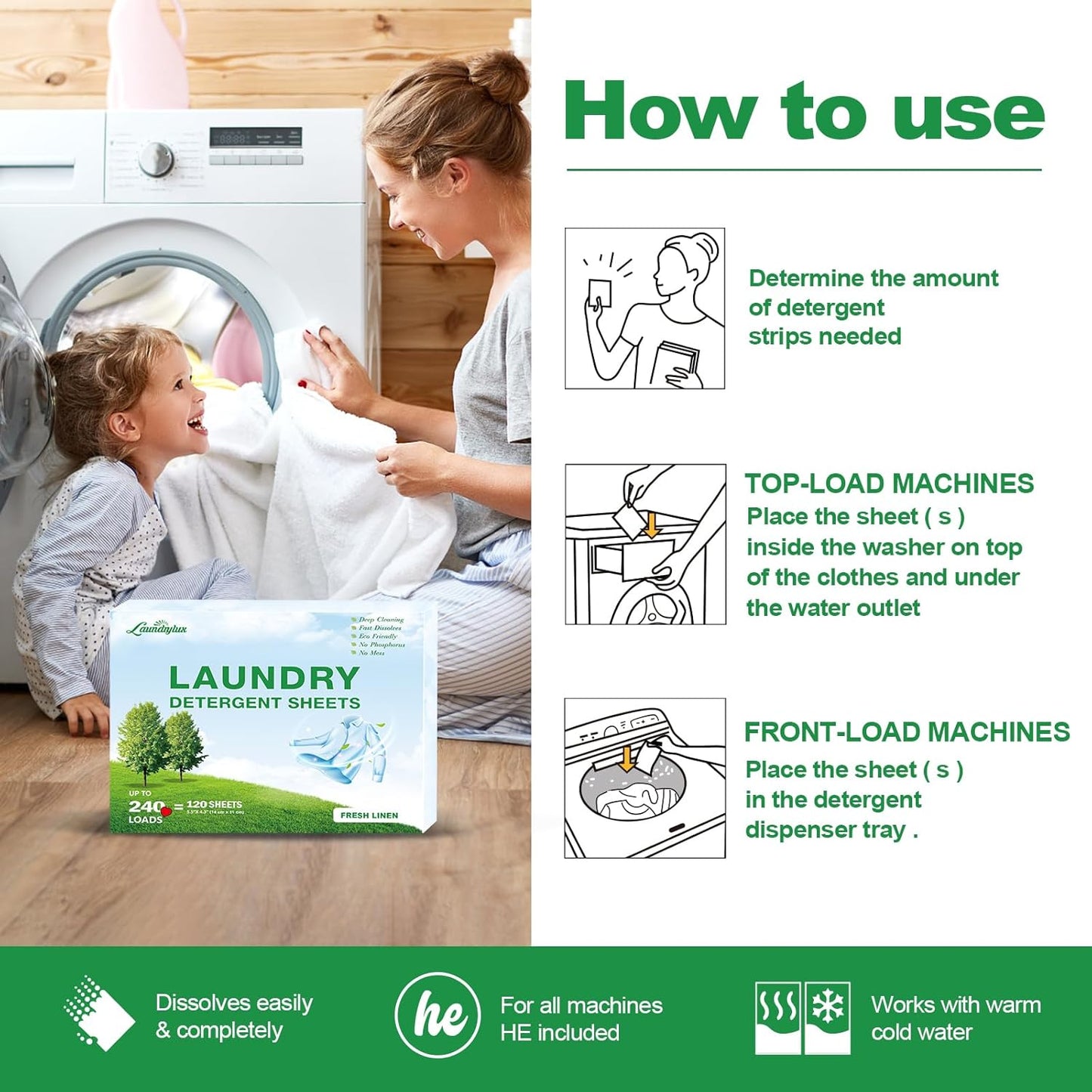 Laundry Detergent Sheet, Eco-Friendly & Hypoallergenic Wash Strips, Natural Ingredients, Ultra-Concentrated, Travel-Ready, No Plastic Jug- Fresh Scent, (240 Loads) 120 Sheets