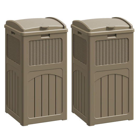 Flamaker 30 Gallon Trash Can, Resin Outdoor Garbage Can with Lid, Waterproof Hideaway Patio Waste Bins for Outside Use (2 Pack, Brown)
