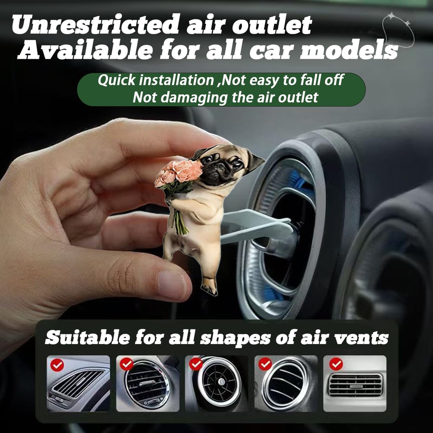 8PCS cute Pug acrylic car vent diffuser, 2D prank Havana cigar car diffuser, cute car freshener, fun and fashionable interior accessories, air outlet clip decoration