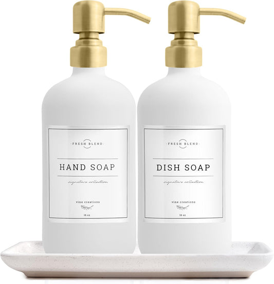 Vine Creations Glass Soap Dispenser, 2 Pack Kitchen Soap Dispenser Set with Ceramic Tray, Stainless Steel Pump, Dish Soap and Hand Soap Dispensers for Bathroom or Kitchen Decor with Waterproof Labels