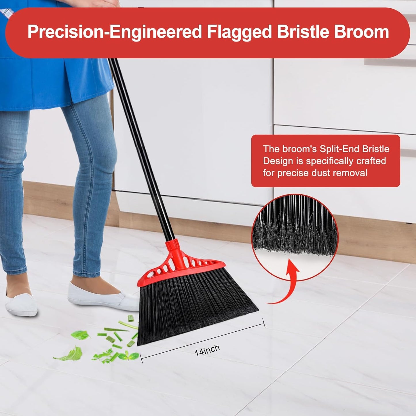 Heavy Duty Angle Broom - 55" Adjustable Iron Handle with Stiff Bristles - Commercial-Grade Indoor/Outdoor Broom for Garage, Patio, Kitchen, Sidewalk & Concrete Cleaning (Black & Red)