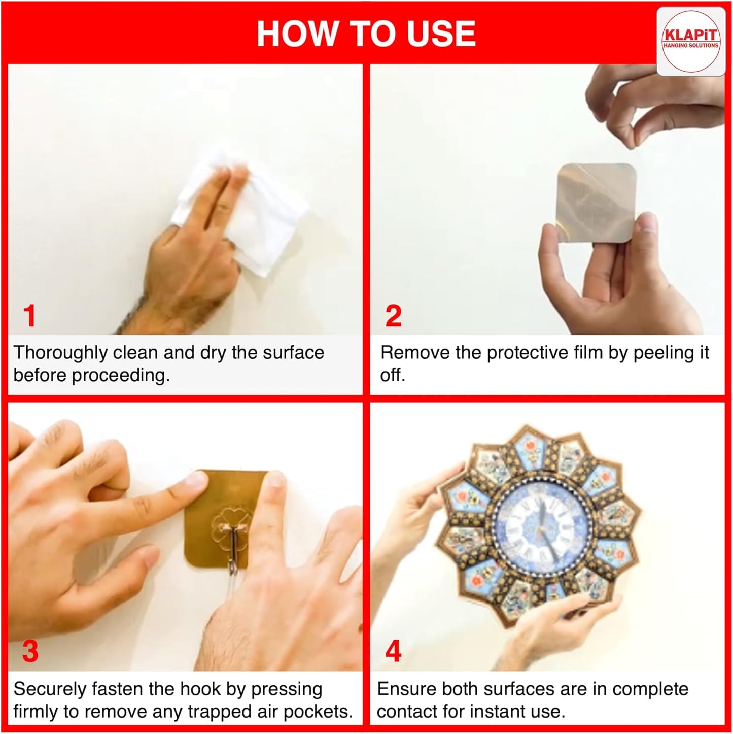 KLAPiT Super Hook - Heavy-Duty Adhesive Clear Wall Hooks, Holds Up to 11 lbs, Waterproof, No Damage, Easy Install on Tile, Wood, Stone, Glass & Metal - Made of Steel (Clear, 8pc)