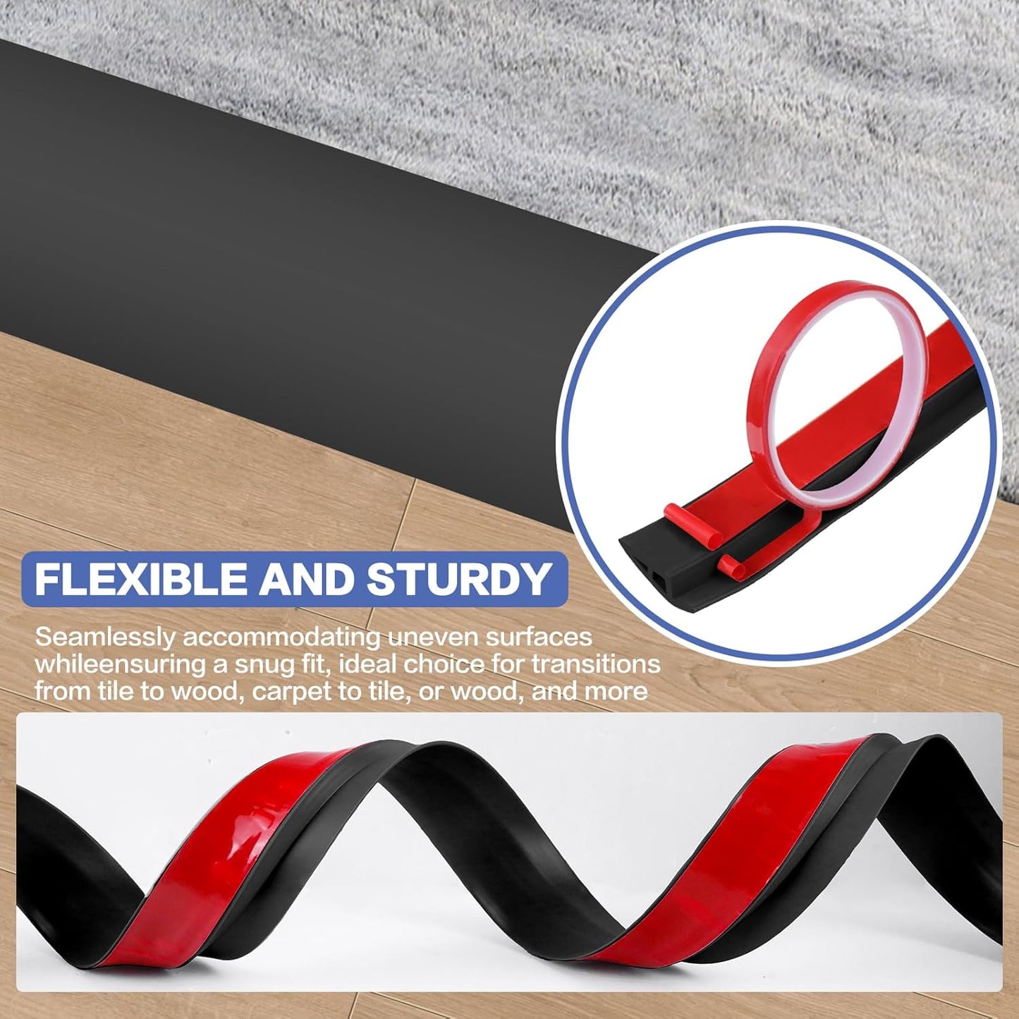 Floor Transition Strip Vinyl Door Threshold Ramp Self Adhesive Carpet Edging Strip Doorway Edge Trim, Overlap Edge Reducer for Laminate Carpet, Floor, Tile (Black, 1/5" to 2/5", 6.6Ft)