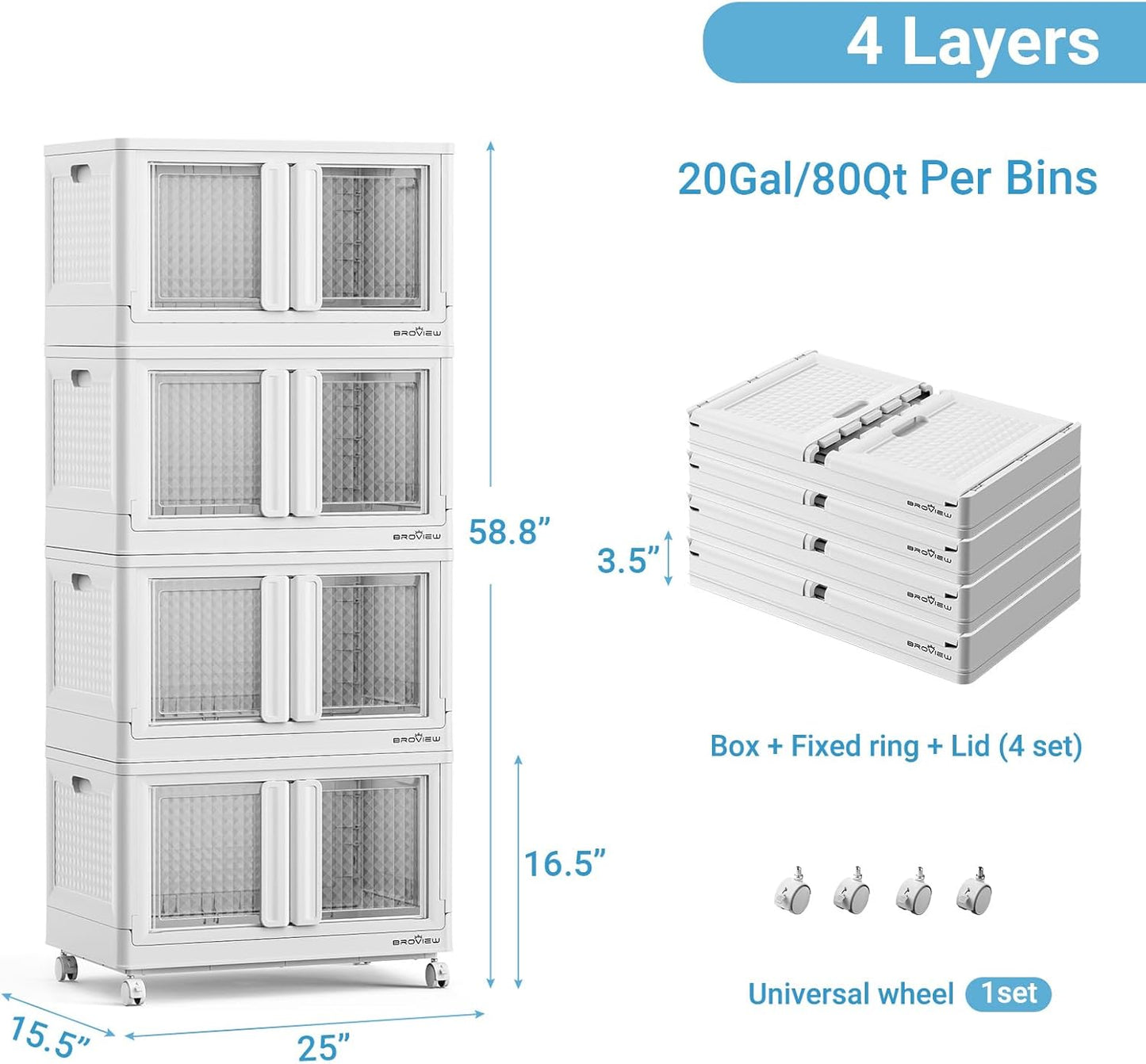 BROVIEW 400Qt Stackable Storage Bins with Lids, 100Gal Closet Organizers and Storage Drawer, Plastic Collapsible Storage Bins with Doors, Heavy Duty Store Box Cabinet for Home Kitchen, 4Pack White