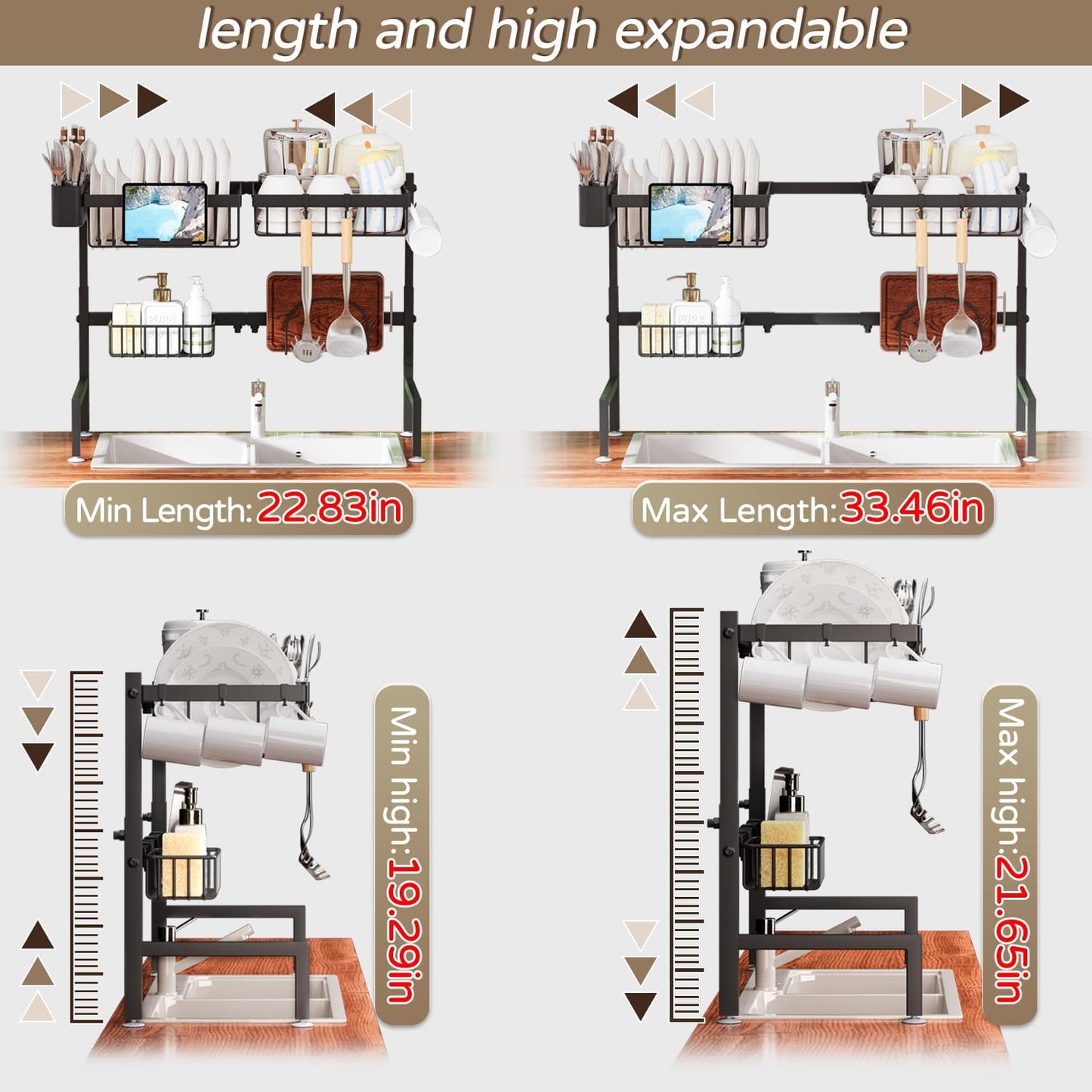 Over The Sink Dish Drying Rack, Expandable Height and Length, 2 Tier Large, Stainless Steel, 24-35.5 inches L x 12 inches W x 19-22 inches H