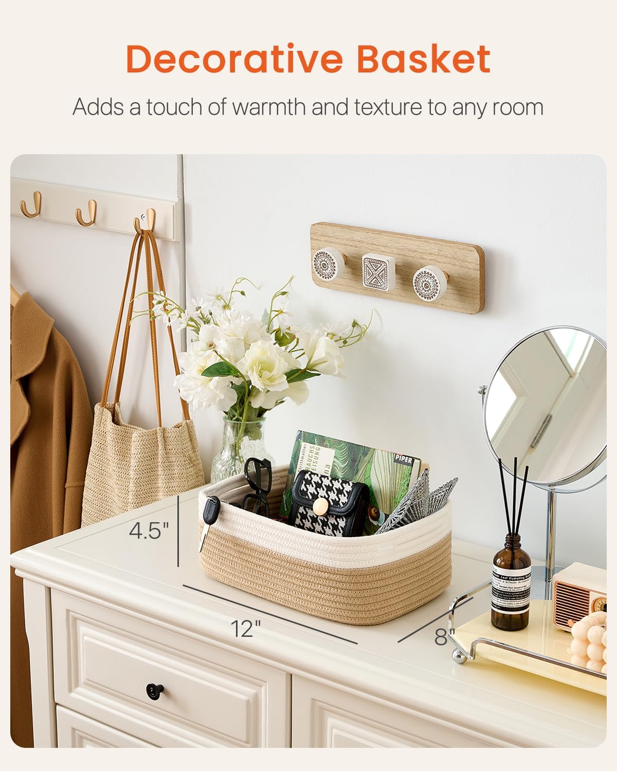 Small Woven Basket, 12 x 8 x 4.5 Inches, Storage Basket for Organizing, Cute Small Rope Shelf Closet Cube Storage Bins Baskets for Shelves, Dog Toy Gift Baskets Empty, 3 Pack White & Brown