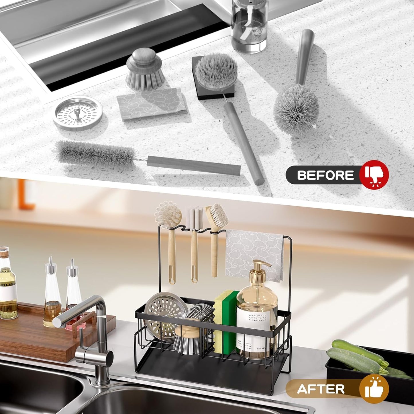 NET MEYA Sponge Holder for Kitchen Sink,Stainless Steel Sink Caddy With Brush Holder and Dishcloth Holder,Sink Oragnizer Kitchen Countertop Dish Soap Dispenser Set,Multifunctional Sink Organizer Caddy