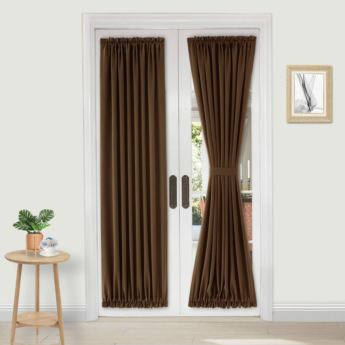 DWCN French Door Curtains – Rod Pocket Thermal Blackout Curtain for Doors with Glass Window, Kitchen and Patio Doors for Privacy, 25 X 72 Inches Long, 1 Curtain Panel with Tieback, Brown