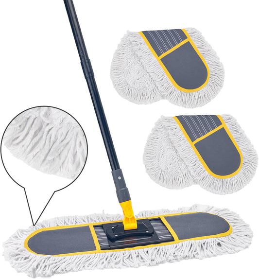 24" Commercial Dust Mop for Floor Cleaning,Heavy Duty Floor Duster Sweeper Broom with 2 Replacement Mop Pads,Large Wet Dry Flat Mops for Hardwood Floors,Marble, Laminate,Tile,Concrete,Garage (Grey)