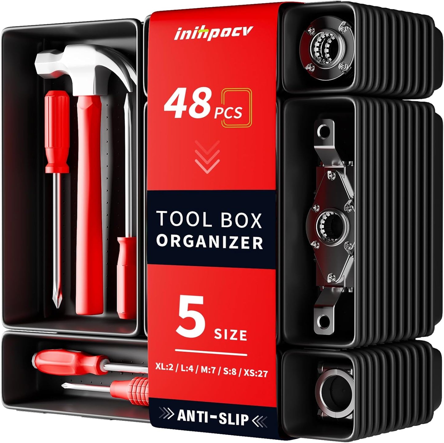 【48PCS & 5 Sizes】Tool Box Organizer Tray, Toolbox Drawer Organizer with Non-Slip Pads, Desk Drawer Divider Set, Fits Rolling Tool Chest Cabinet for Garage & Workbench