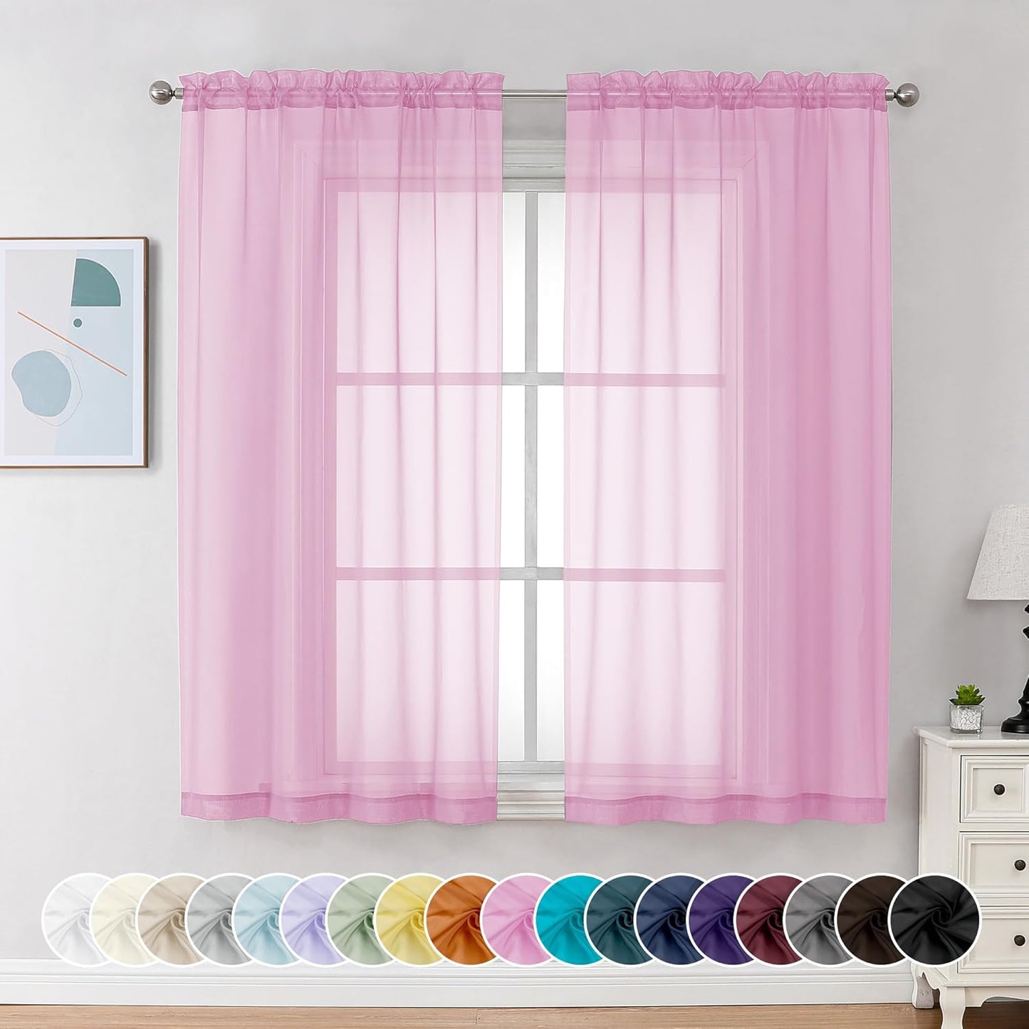 Chyhomenyc Pink Sheer Curtains 54 Inch Long 2 Panels, Light Filtering Rod Pocket Voile Short Curtains Drapes for Living Room Bedroom Small Windows, 42Wx45L Inches