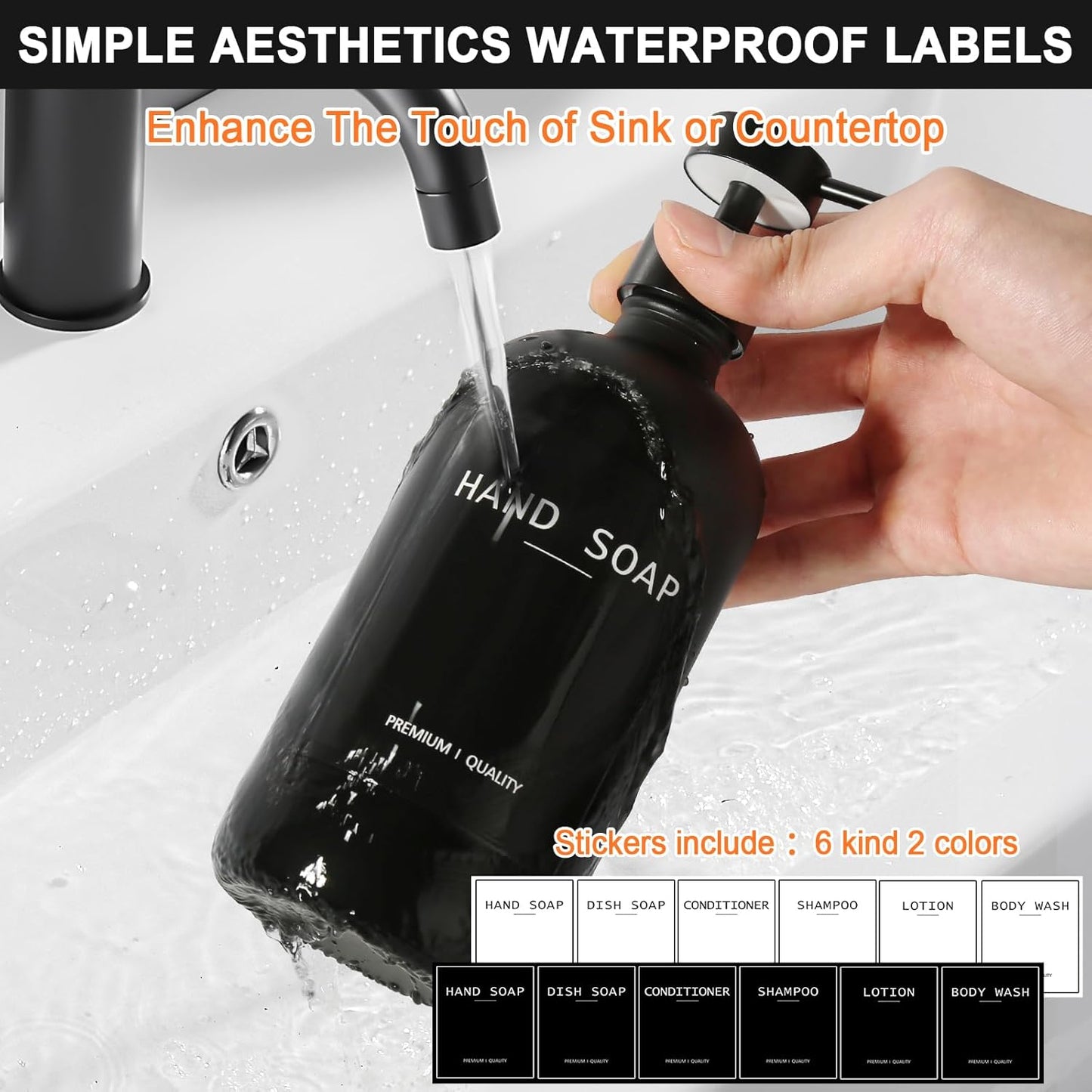 Black Glass Soap Dispenser with Stainless Steel Pump, 16.9 Fl oz Soap Dispenser Set for Kitchen, Matte Black Hand Dish Soap Dispensers for Kitchen and Bathroom, Lotion Dispenser Bathroom Decor