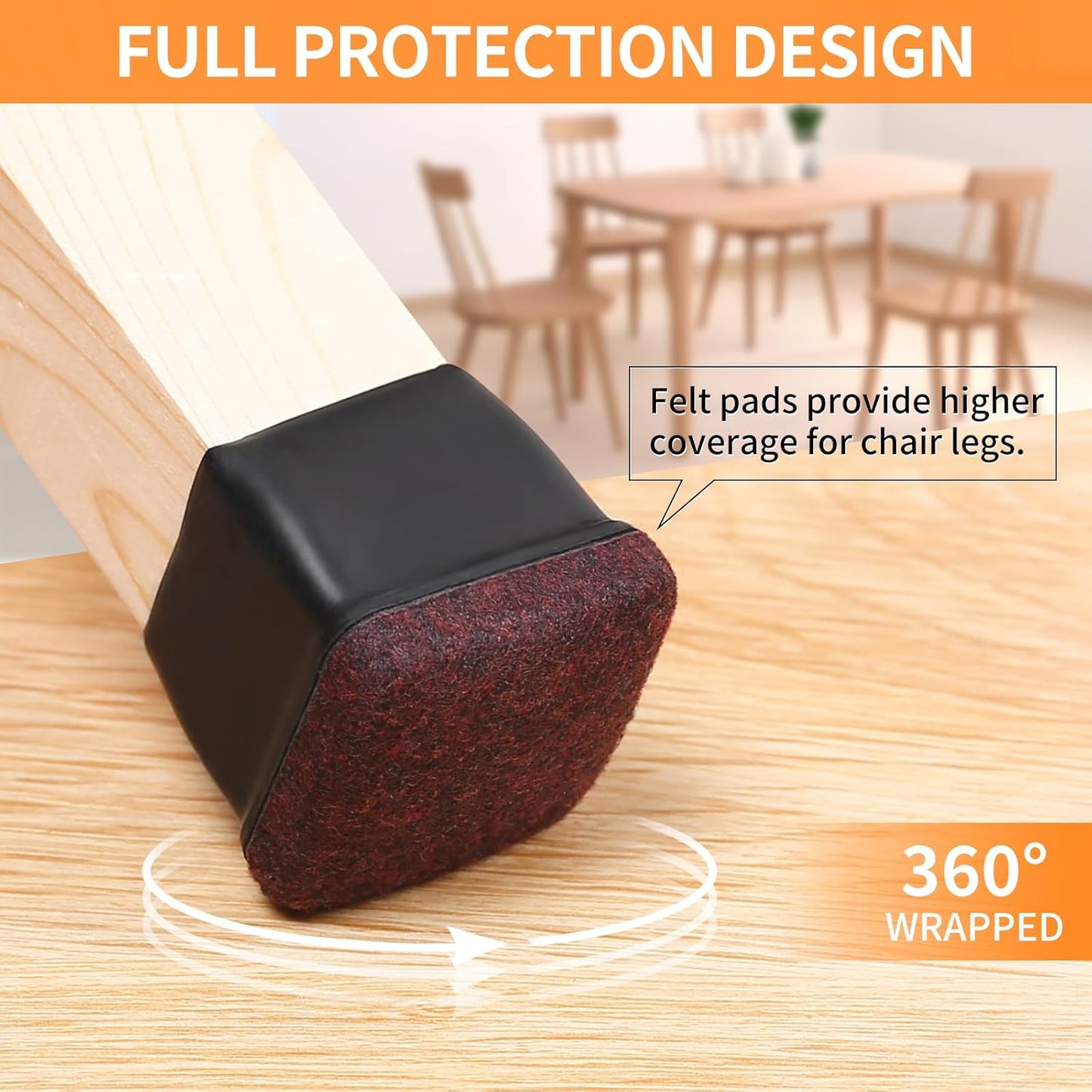 Ezprotekt 24 Pcs Square Chair Leg Floor Protectors with Felt, Silicone Felt Furniture Pads for Hardwood Floor, Dining Table Leg Caps Covers No Scratches and Noise (L Fit: 1" - 1.4", Black)