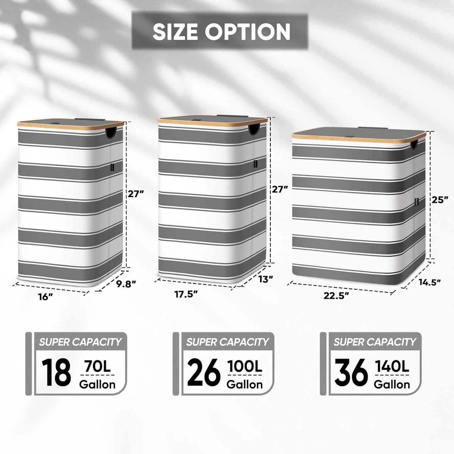 BALEINE Laundry Hamper with Lid, Tall Laundry Baskets with Bamboo Pull Handles, Large Laundry Bin with Internal Support (26 Gal/100L, Grey Stripe)