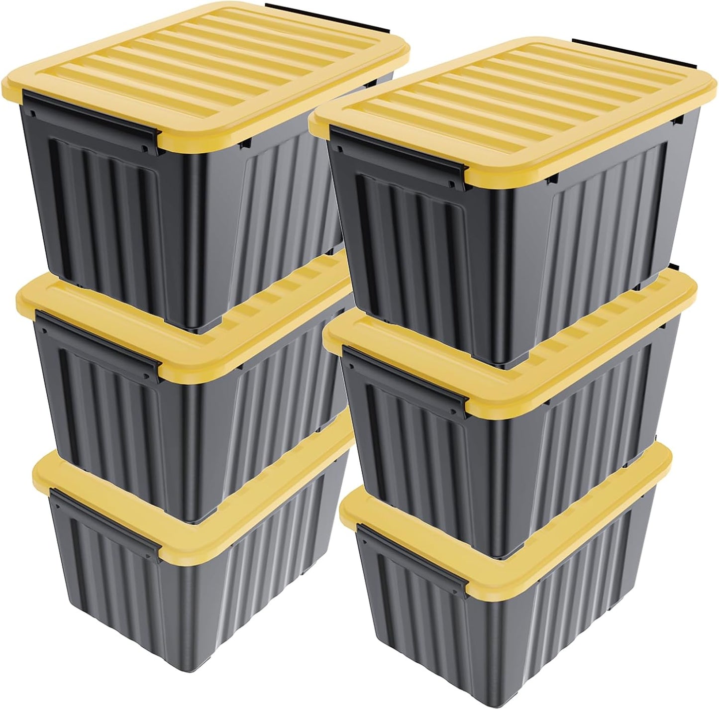 Nazhura 72Quart Plastic Storage Bin, Stackable and Nestable Storage Boxes with White Lids and Secure Latching Buckles, Large Storage Container (Black/Yellow, 72Quart-6Pack)
