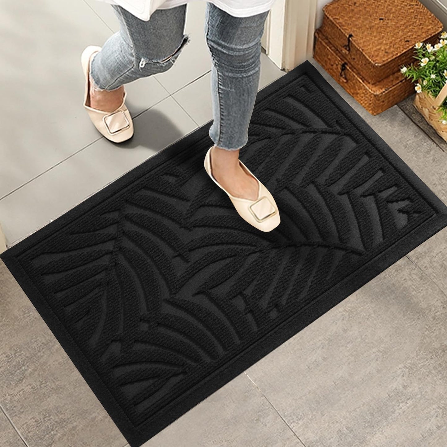 Front Door Mat, Absorbent Resist Dirt Welcome Door Mat Indoor Outdoor, Waterproof Doormat, Sturdy Non Slip Backing, Fade Resistant, Low Profile Entry Mat for Entryway, 29×17, Black
