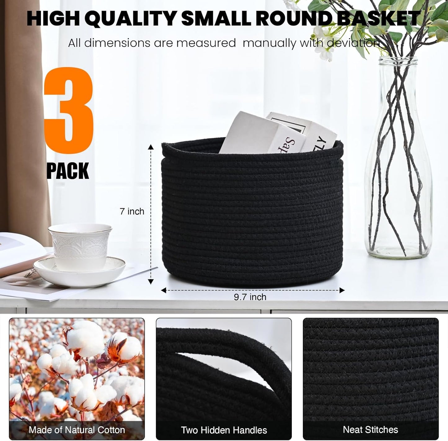 Small Black Baskets for Organizing, Storage Baskets for Shelves, Small Woven Basket for Storage, Cute Basket for Gifts, Mini Cotton Rope Baskets, 9.7"×9.7"×7" (3 Packs) Black