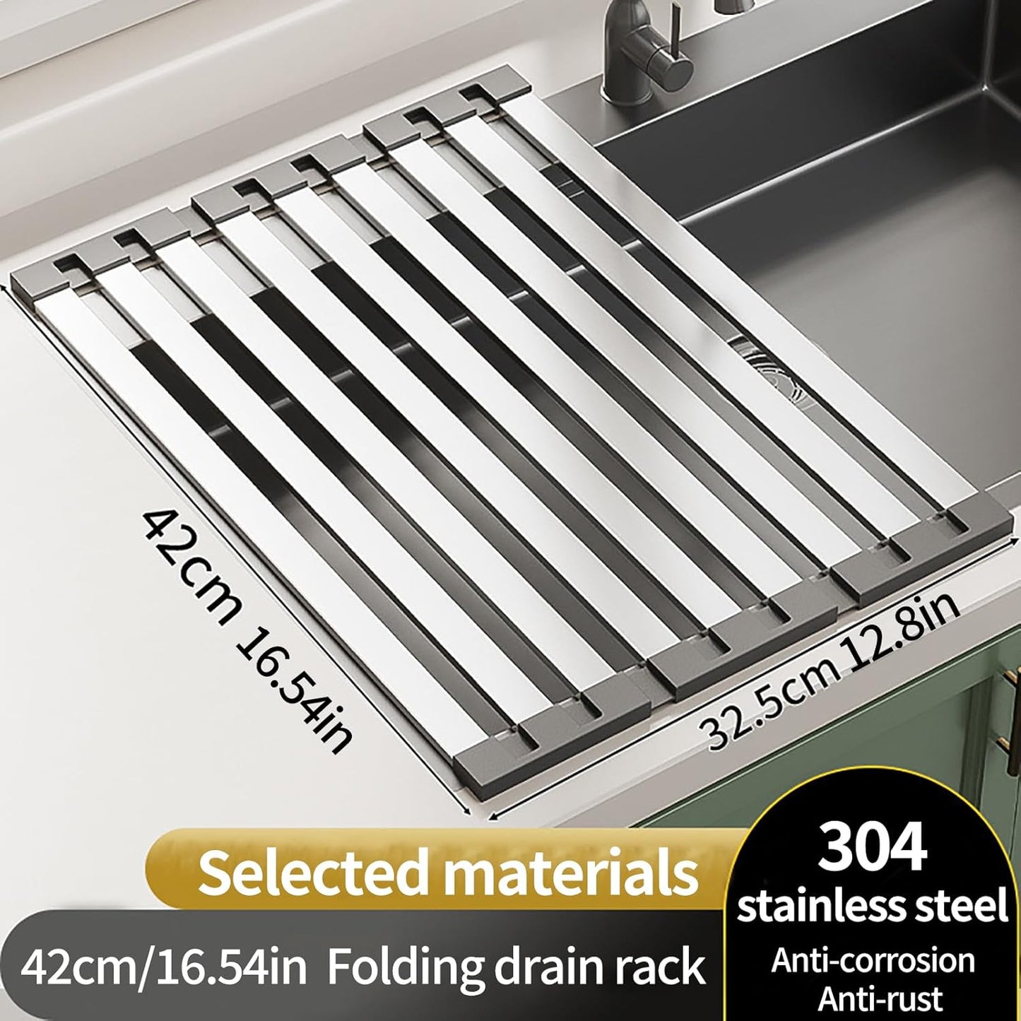 Foldable Dish Drying Rack, Over The Sink Dish Drying Rack ，Dish Drying mat，Dish Drying mats for Kitchen Counter，Stainless Steel Multifunctional mat(16.54×12.8in)