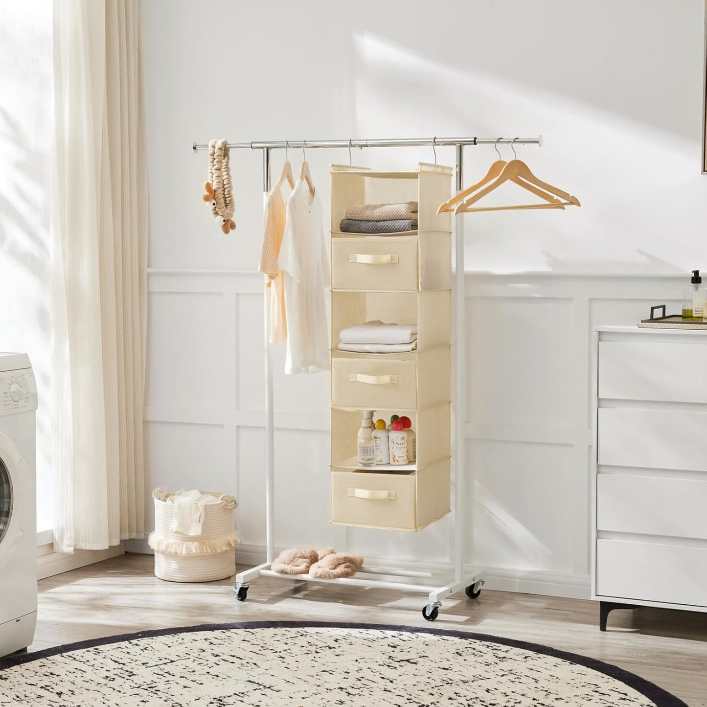 MAX Houser 6 Tier Shelf Hanging Closet Organizer, Closet Hanging Shelf with 2 Sturdy Hooks for Storage, Foldable (Beige-D3)