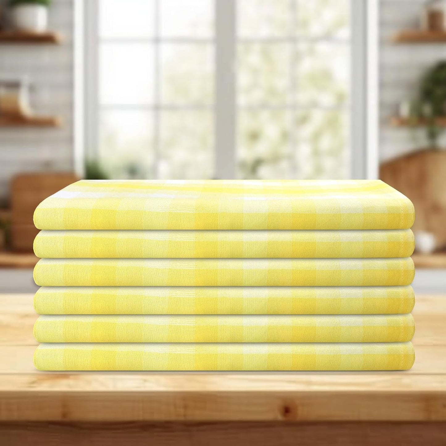 Kitchen Towels Set of 6 Yellow/White Checks 20x30 Inches 100% Cotton Highly Absorbent Kitchen Towels Premium Quality Ultra Soft Mitered Corners