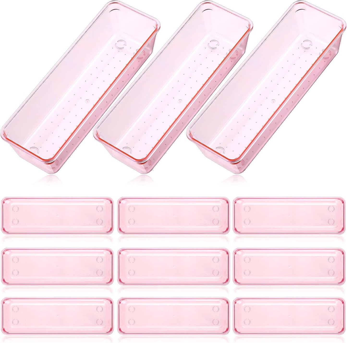 Maitys 12 Pcs Vanity Drawer Organizer 9 x 3 x 2 Inches Clear Plastic Utensil Organizers Kitchen Drawers Dividers for Office Desk Silverware Kitchen Utensils Cosmetics and Bathrooms(Pink)