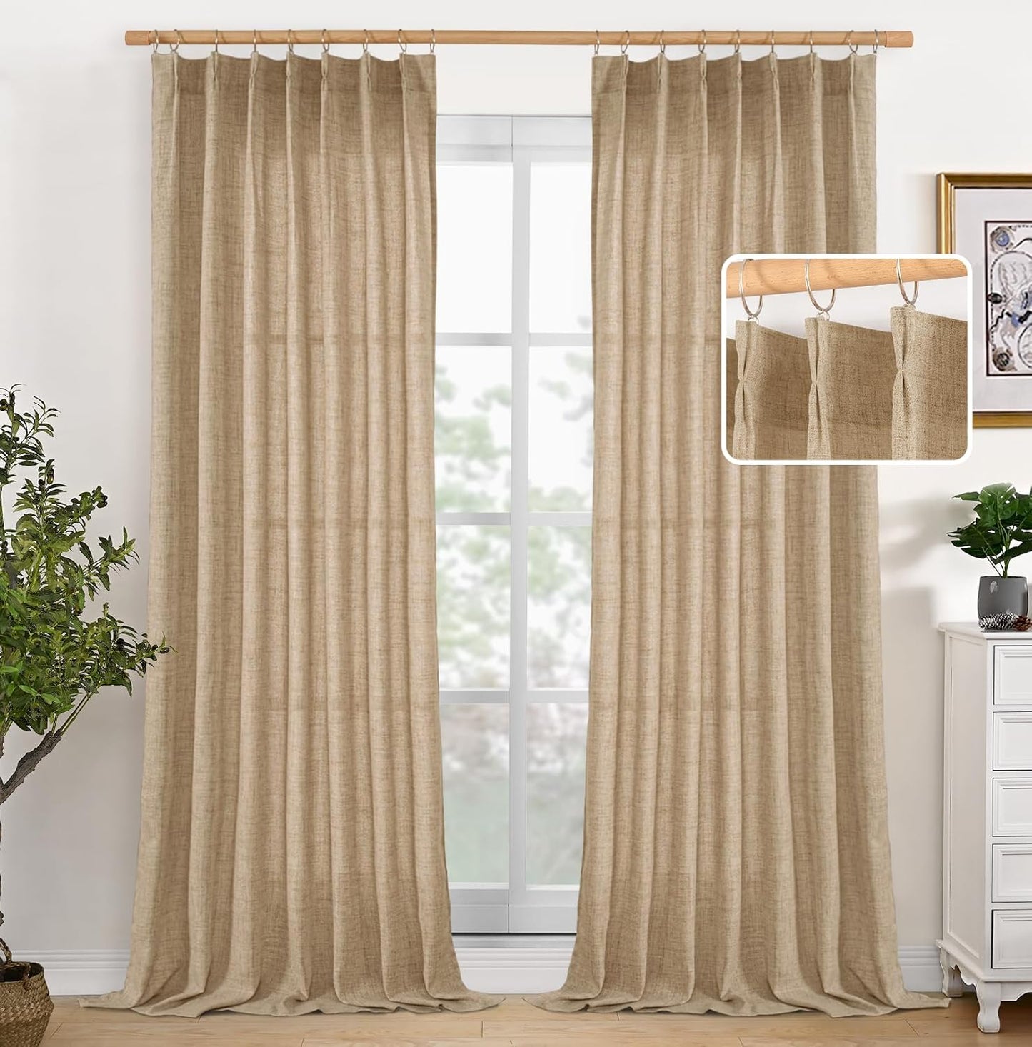 YoungsTex Burlap Linen Semi Sheer Curtains 84 Inch Length for Living Room, Toffee Light Filtering Window Treatments Natural Rustic for Farmhouse Bedroom, 2 Panels, 40 X 84 Inch