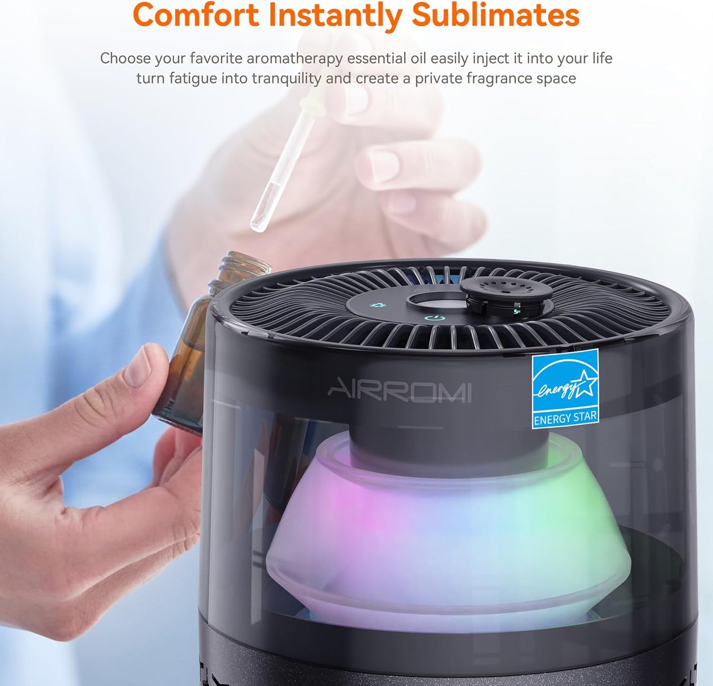 AIRROMI Air Purifiers for Bedroom Home,Up to 658 Ft²,Activated Carbon Filter Cleaner,With Fragrance Sponge for Better Sleep,Night Light,Pet Dander,Allergies,Smoke,Odor,Desktop Air Cleaner A2002 Grey