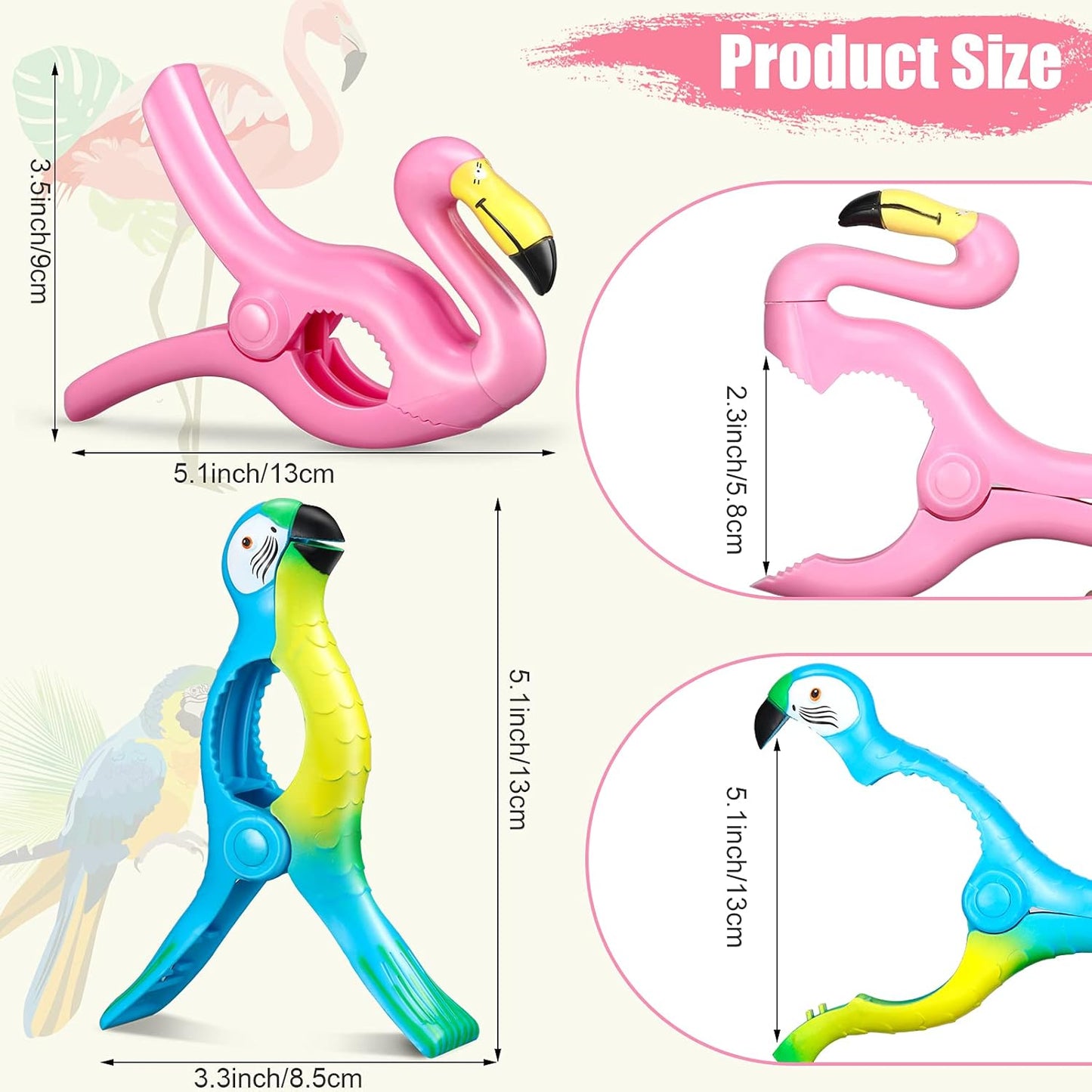 4 Pieces Beach Towel Clip Jumbo Size Chair Clips Towel Holder Clothes Pegs Christmas Stocking Clamp for Cruise Patio Pool Holiday Vacations(Parrot, Flamingo,Blue, Pink)